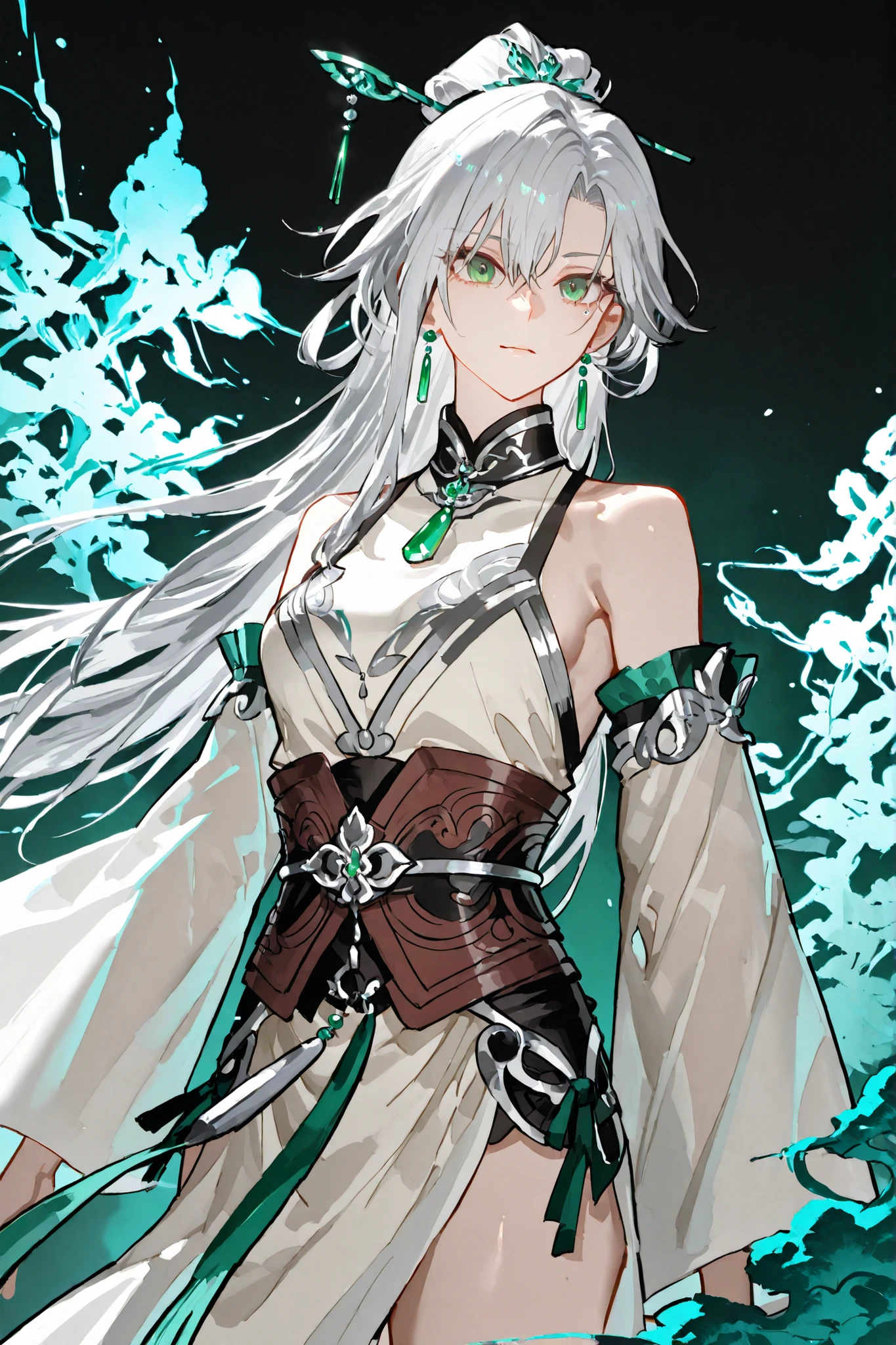 In the dark crimson-toned scene, a silver-haired woman stands imposingly at the center. A mutton-fat white jade hairpin carved with a magnolia blossom is inserted diagonally into the bun. She wears a soft cyan brocade martial outfit with silver-threaded frost-crack pattern trim. A pale aqua silk ribbon tied at the waist drapes down with pearls at its ends. Teardrop-shaped green jade earrings sway gently at her ears, while a ping'an kou (peace buckle) green jade pendant hangs from her waist. Background features ink-wash style mountain mist with an ethereal atmosphere