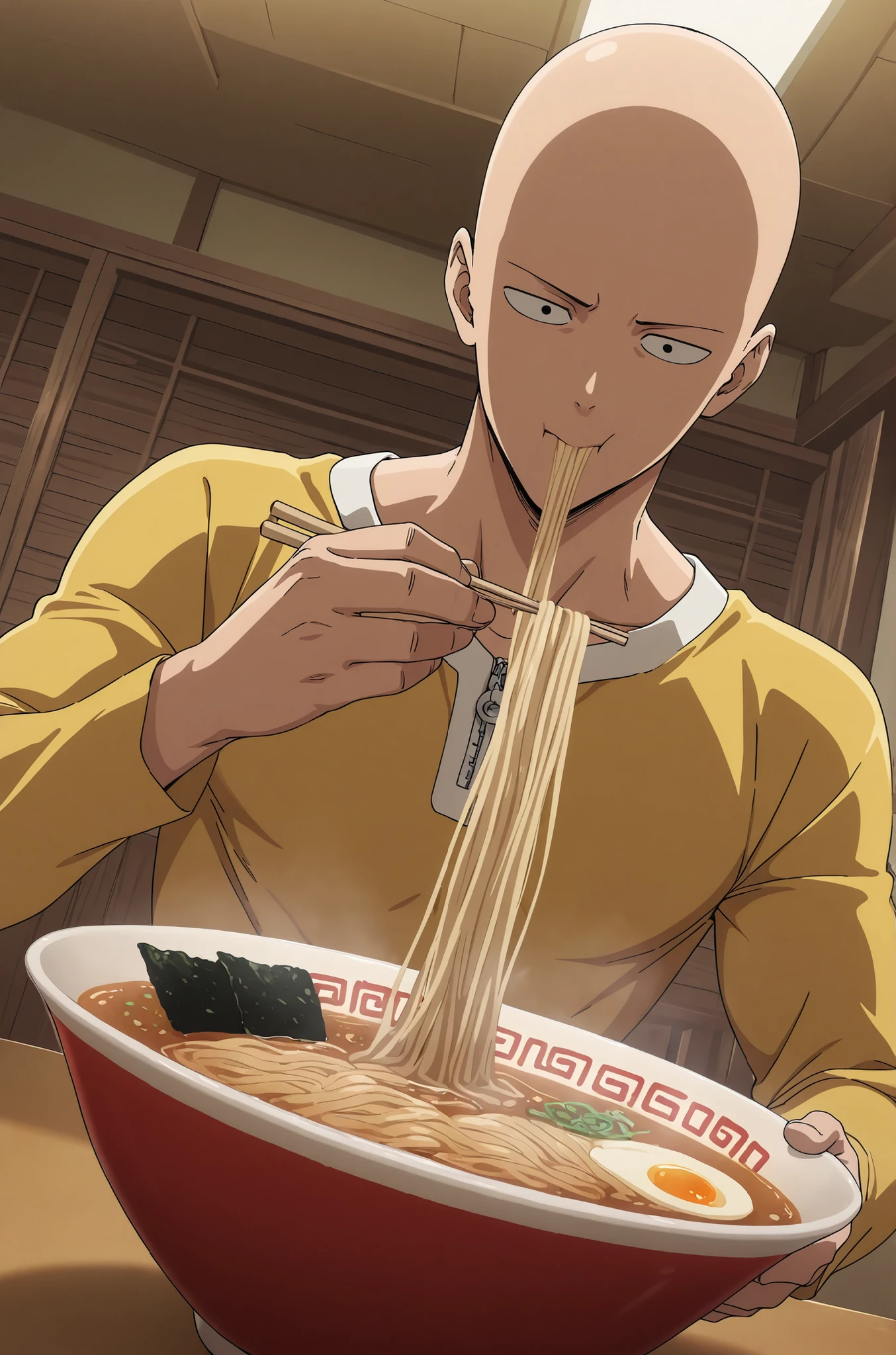 masterpiece,best quality,amazing quality,very aesthetic,absurdres,newest,1boy, saitama_(one-punch_man), eating ramen, ramen shop, dynamic angle
,anime screencap,anime coloring,anime screenshot