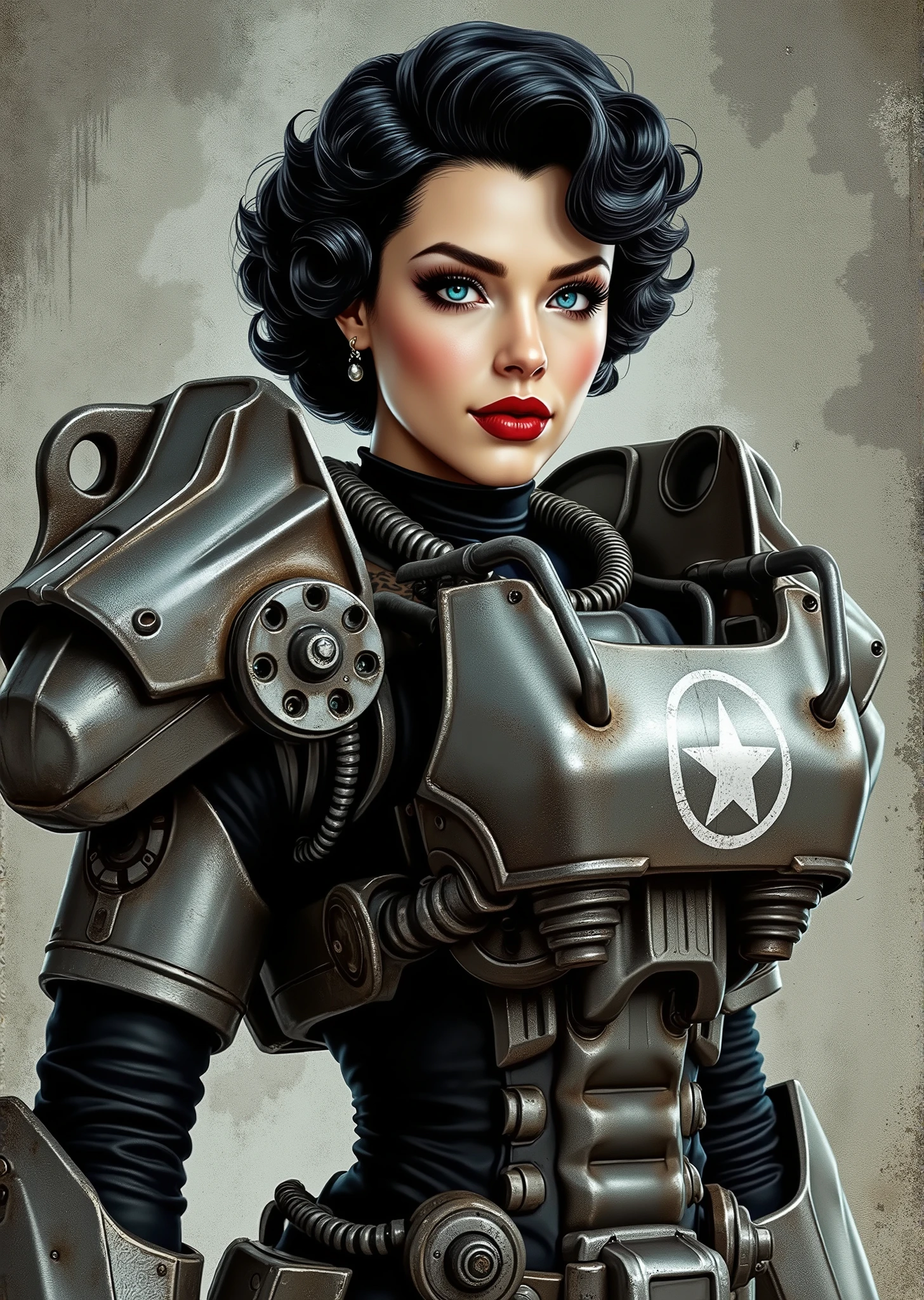 full body shot, armor, t60, robot, An extremely detailed comic book illustration depicting a stunningly beautiful character portrayed by youthful baby faced Gene Tierney nineteen years old wearing a retro 50s T-60 power armor mechanized combat suit from the Fallout Video Game setting the armor features a dark metallic exterior with black interior padding with an emblem on the chest plate showing what appears to be a star in white paint suggesting this might be part of a military or faction insignia the armor has a distinctive design with various mechanical components plates and joints visible the character is framed within the bulky armor which has a worn utilitarian aesthetic typical of post-apocalyptic or military science fiction settings with the helmet off to reveal her face whose overall look combines vintage pin-up with modern Rockabilly fashion and alternative accessories in a 50s meets the post apocalypse vibe wearing bold classic red lipstick caked on white foundation making her appear incredibly pale in a classic vintage-style makeup with defined eyebrows and dramatic eye makeup with a short black curled hairstyle with vintage 1950s-inspired waves and voluminous styling typical of the era whose cut and styling are reminiscent of classic 1950s pin-up glamour meets alternative fashion with tattoos piercings and alternative accessories in an art style inspired by Frank Miller and Conan the Barbarian. She has an expression between kind and confident. Her blue eyes are warm and her smile is motherly and compassionate. The background is awash in brushstrokes in shades of concrete grey. The level of detail and the emotive, expressive quality of the character's face create a compelling almost cinematic portrait of a complex multifaceted individual. The image evokes a sense of strength, compassion, and a desire to protect her people, making the subject a visually striking and captivating heroic figure. Standing in a dynamic action pose. Trending on Art Station.