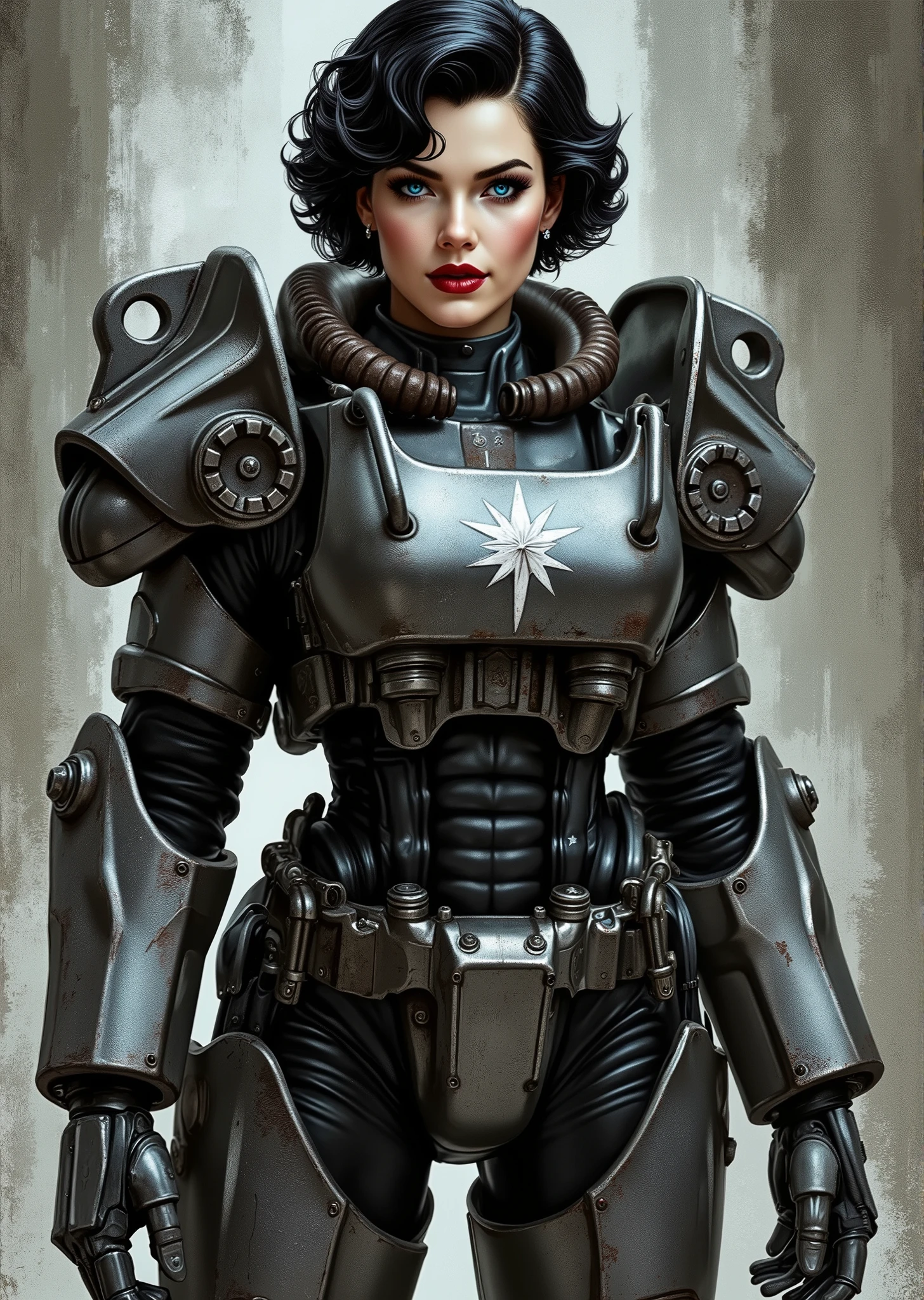 full body shot, armor, t60, robot, An extremely detailed comic book illustration depicting a stunningly beautiful character portrayed by youthful baby faced Gene Tierney nineteen years old wearing a retro 50s T-60 power armor mechanized combat suit from the Fallout Video Game setting the armor features a dark metallic exterior with black interior padding with an emblem on the chest plate showing what appears to be a star in white paint suggesting this might be part of a military or faction insignia the armor has a distinctive design with various mechanical components plates and joints visible the character is framed within the bulky armor which has a worn utilitarian aesthetic typical of post-apocalyptic or military science fiction settings with the helmet off to reveal her face whose overall look combines vintage pin-up with modern Rockabilly fashion and alternative accessories in a 50s meets the post apocalypse vibe wearing bold classic red lipstick caked on white foundation making her appear incredibly pale in a classic vintage-style makeup with defined eyebrows and dramatic eye makeup with a short black curled hairstyle with vintage 1950s-inspired waves and voluminous styling typical of the era whose cut and styling are reminiscent of classic 1950s pin-up glamour meets alternative fashion with tattoos piercings and alternative accessories in an art style inspired by Frank Miller and Conan the Barbarian. She has an expression between kind and confident. Her blue eyes are warm and her smile is motherly and compassionate. The background is awash in brushstrokes in shades of concrete grey. The level of detail and the emotive, expressive quality of the character's face create a compelling almost cinematic portrait of a complex multifaceted individual. The image evokes a sense of strength, compassion, and a desire to protect her people, making the subject a visually striking and captivating heroic figure. Standing in a dynamic action pose. Trending on Art Station.
