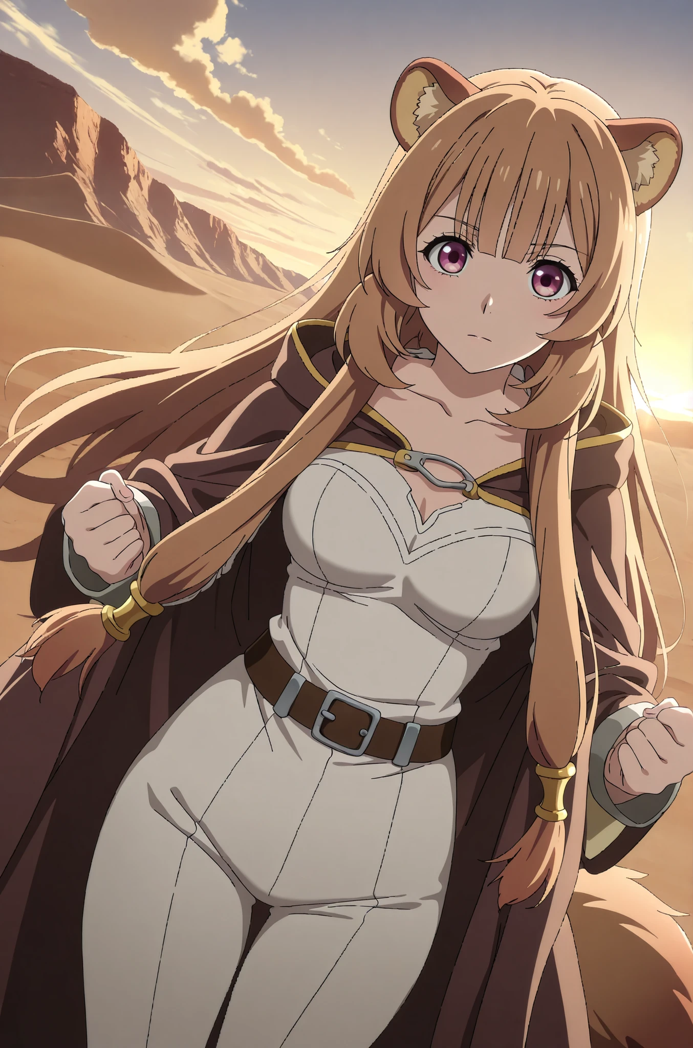 masterpiece, source_anime, anime_screencap, anime coloring, score_anime, best quality, flat color, vector art, BREAK, Raphtalia, brown hair, long hair, long sidelocks, racoon ears, racoon tail, racoon woman, soft pink eyes, beautiful eyes, detailed eyes, ((looking at viewer)), (brown robes), ((white outfit)), belt, thick belt, ((purple lightsaber)), long lightsaber, ((detailed background)), big clouds, daylight, in the desert, ((fighting pose:1.3)), dynamic pose, ((cowboy shot)), dutch angle, ((hair moving)), ((looking at viewer)), top view angle, serious face,
,anime screencap,anime coloring,anime screenshot