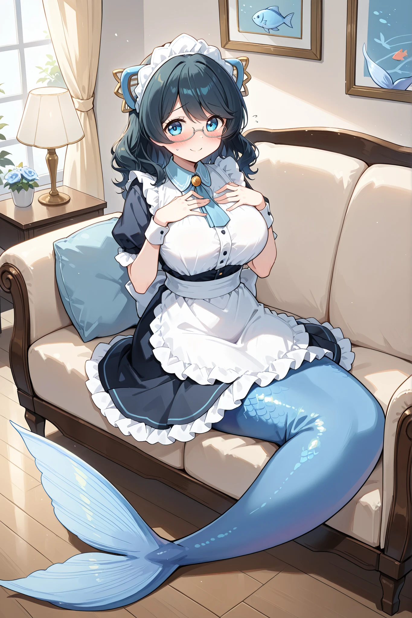 1 female,big breast, Misolfachord Eliteia, White glasses,Maid装,Maid outfit,Maid,long hair, Full body picture,Best Quality,very beautiful,Ridiculous,masterpiece,( full five fingers ),Mermaid,Light blue fish tail ,The lower half of the body is a light blue fish tail,shy,Blush,Smile,living room,sitting on sofa,Place your hands on your chest