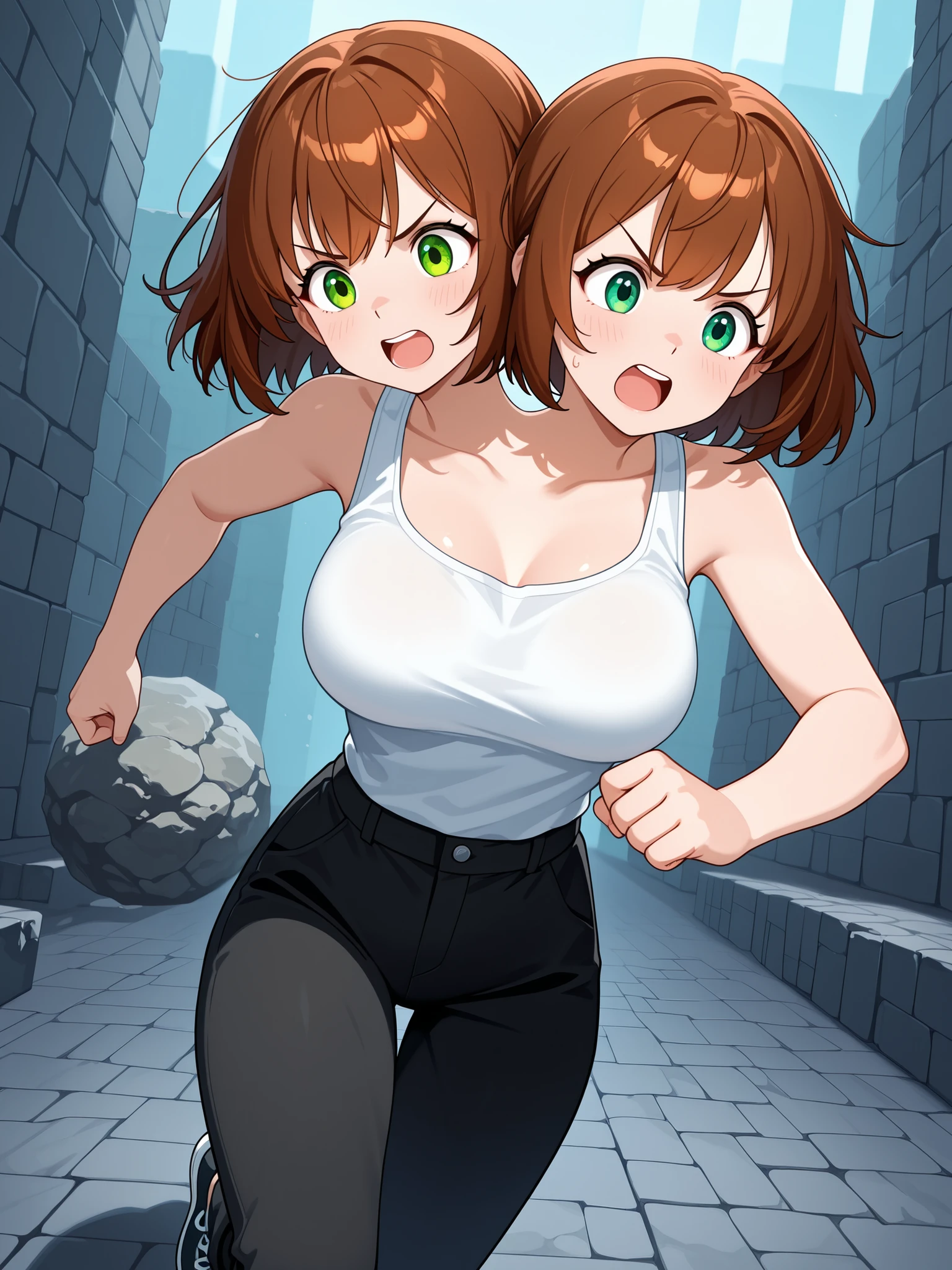 conjoined, anime girl with two heads, brown hair, green eyes, white tank top, black pants, panicky, running away from a huge boulder in a maze