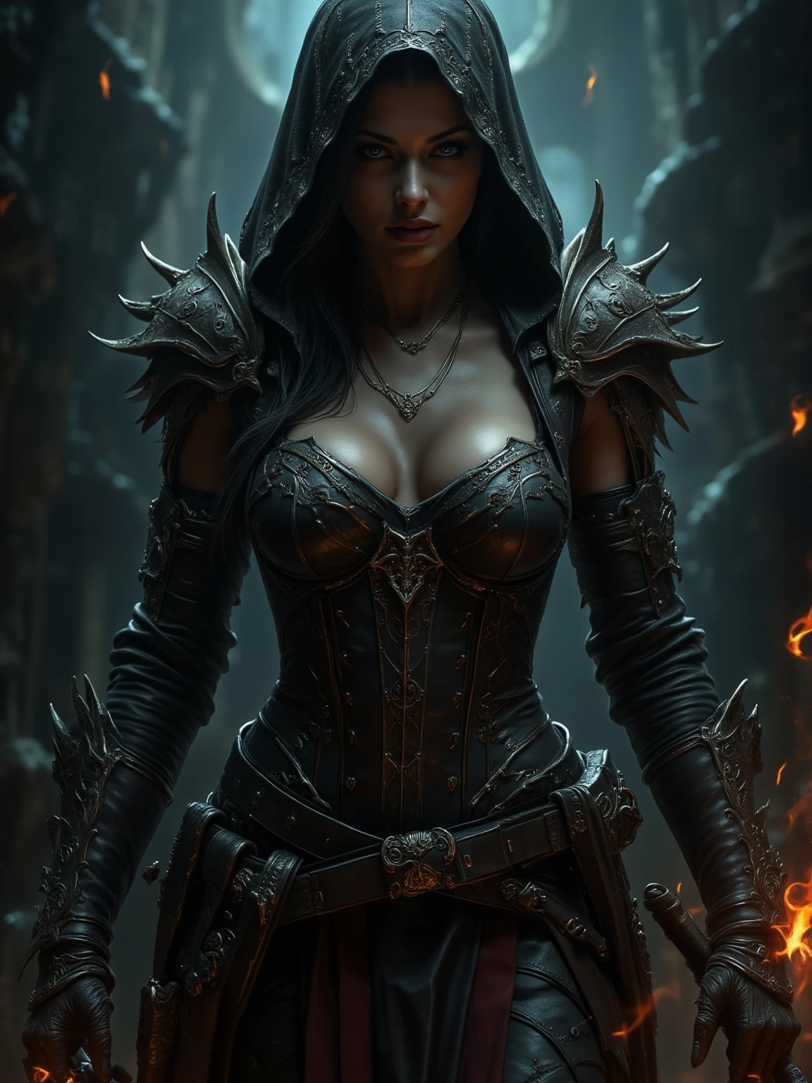 a close up of a warrior in world of warcraft in a black outfit with a sword, 4k fantasy art, dark fantasy style art, dark fantasy art, fantasy woman, dark fantasy artwork, hd fantasy art, in style of dark fantasy art, style of raymond swanland, furious dark haired women, gothic fantasy art, female vampire warrior, karol bak uhd