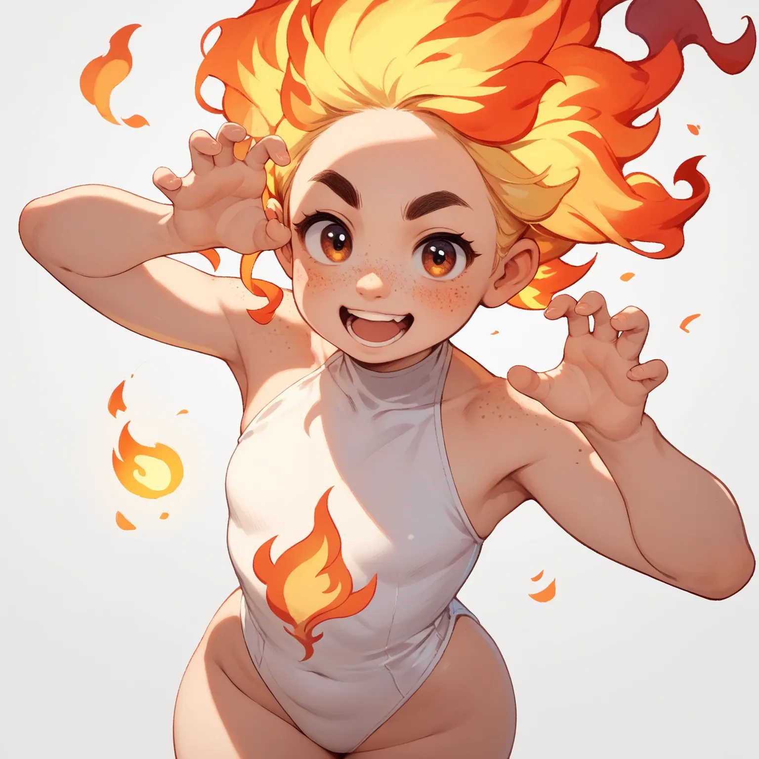 young woman in comics style. Illustration of her flying at high speed in her signature outfit: naked . Fiery red hair trailing behind, flames emanating from hands and feet, dynamic sky background, Cel shading technique.