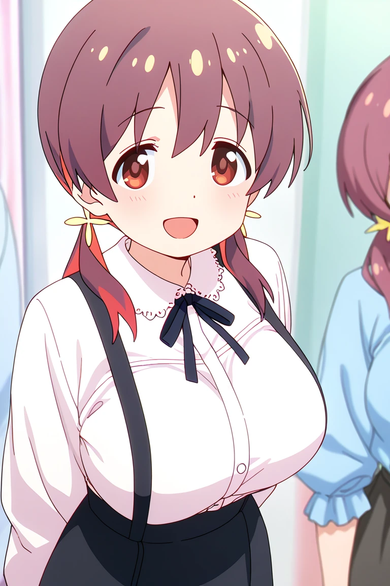 alone, One person, Yunyun, ♥、 (blush:1.5)、Crown braids of the same color as your hair、hair ornaments, Hair Ribbon, Pink tie, White dress, Fitting room with mirror、Embarrassed look、Standing、C cup breasts