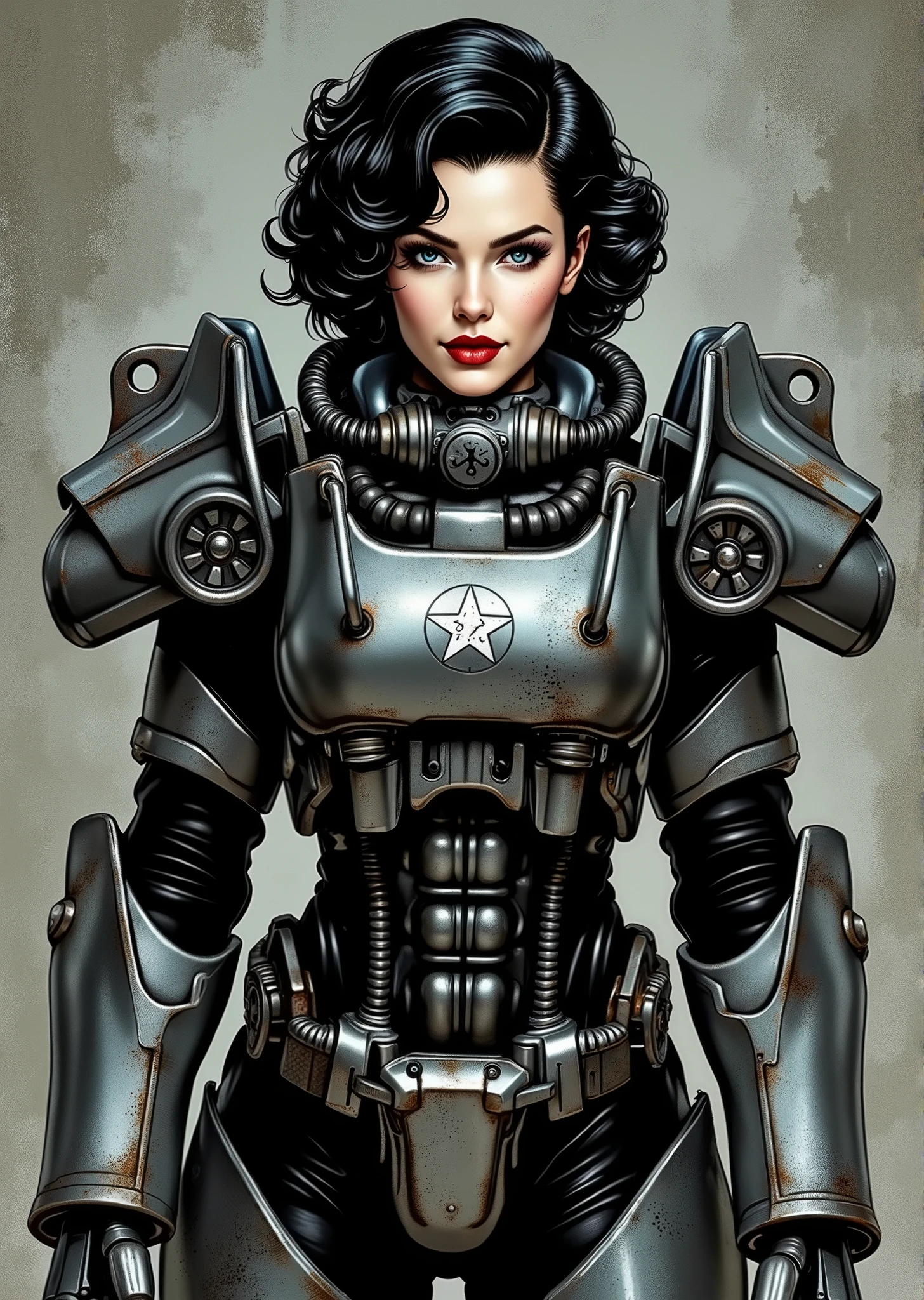 full body shot, armor, t60, robot, An extremely detailed comic book illustration depicting a stunningly beautiful character portrayed by youthful baby faced Gene Tierney nineteen years old wearing a retro 50s T-60 power armor mechanized combat suit from the Fallout Video Game setting the armor features a dark metallic exterior with black interior padding with an emblem on the chest plate showing what appears to be a star in white paint suggesting this might be part of a military or faction insignia the armor has a distinctive design with various mechanical components plates and joints visible the character is framed within the bulky armor which has a worn utilitarian aesthetic typical of post-apocalyptic or military science fiction settings with the helmet off to reveal her face whose overall look combines vintage pin-up with modern Rockabilly fashion and alternative accessories in a 50s meets the post apocalypse vibe wearing bold classic red lipstick caked on white foundation making her appear incredibly pale in a classic vintage-style makeup with defined eyebrows and dramatic eye makeup with a short black curled hairstyle with vintage 1950s-inspired waves and voluminous styling typical of the era whose cut and styling are reminiscent of classic 1950s pin-up glamour meets alternative fashion with tattoos piercings and alternative accessories in an art style inspired by Frank Miller and Conan the Barbarian. She has an expression between kind and confident. Her blue eyes are warm and her smile is motherly and compassionate. The background is awash in brushstrokes in shades of concrete grey. The level of detail and the emotive, expressive quality of the character's face create a compelling almost cinematic portrait of a complex multifaceted individual. The image evokes a sense of strength, compassion, and a desire to protect her people, making the subject a visually striking and captivating heroic figure. Standing in a dynamic action pose. Trending on Art Station.