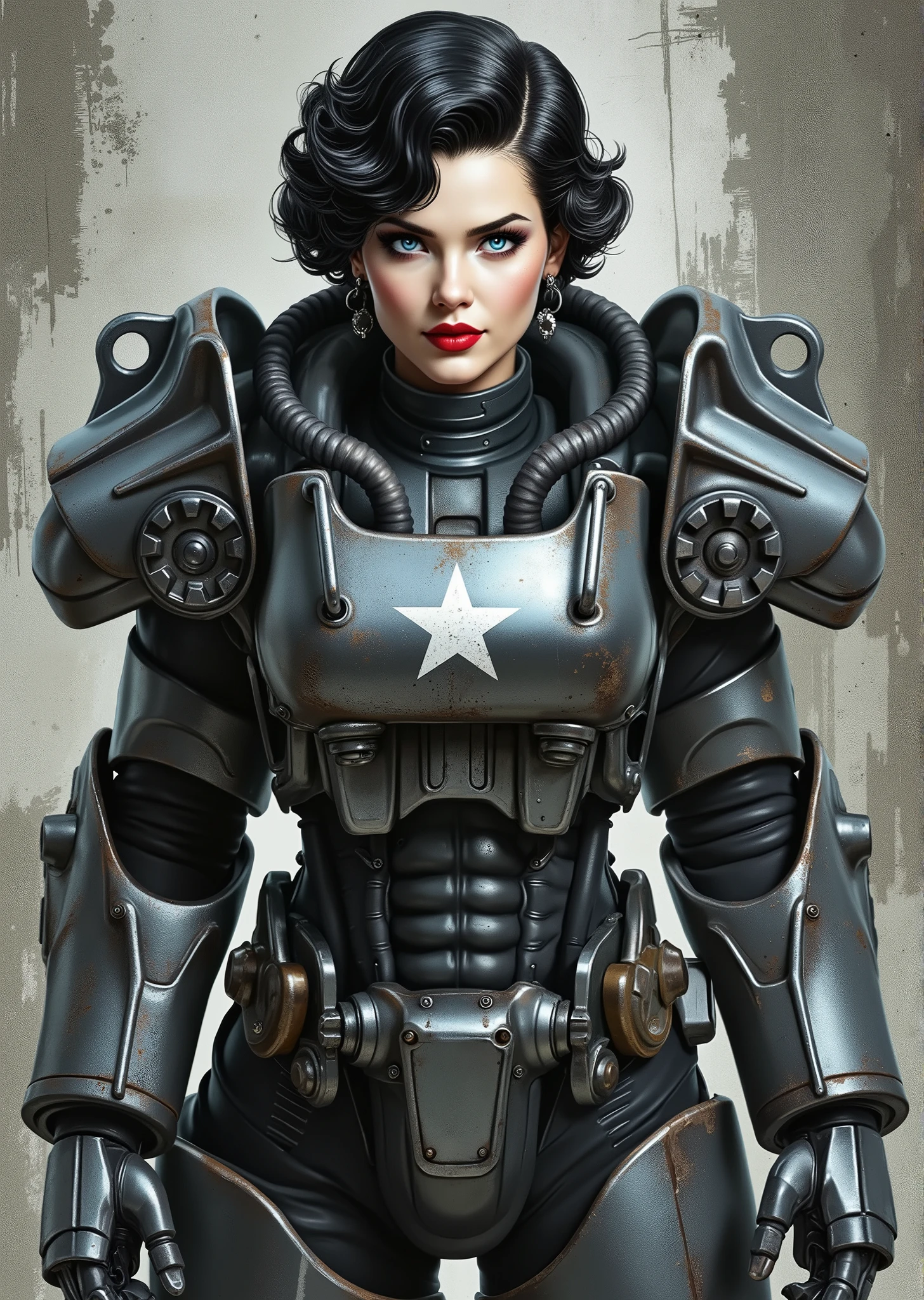 full body shot, armor, t60, robot, An extremely detailed comic book illustration depicting a stunningly beautiful character portrayed by youthful baby faced Gene Tierney nineteen years old wearing a retro 50s T-60 power armor mechanized combat suit from the Fallout Video Game setting the armor features a dark metallic exterior with black interior padding with an emblem on the chest plate showing what appears to be a star in white paint suggesting this might be part of a military or faction insignia the armor has a distinctive design with various mechanical components plates and joints visible the character is framed within the bulky armor which has a worn utilitarian aesthetic typical of post-apocalyptic or military science fiction settings with the helmet off to reveal her face whose overall look combines vintage pin-up with modern Rockabilly fashion and alternative accessories in a 50s meets the post apocalypse vibe wearing bold classic red lipstick caked on white foundation making her appear incredibly pale in a classic vintage-style makeup with defined eyebrows and dramatic eye makeup with a short black curled hairstyle with vintage 1950s-inspired waves and voluminous styling typical of the era whose cut and styling are reminiscent of classic 1950s pin-up glamour meets alternative fashion with tattoos piercings and alternative accessories in an art style inspired by Frank Miller and Conan the Barbarian. She has an expression between kind and confident. Her blue eyes are warm and her smile is motherly and compassionate. The background is awash in brushstrokes in shades of concrete grey. The level of detail and the emotive, expressive quality of the character's face create a compelling almost cinematic portrait of a complex multifaceted individual. The image evokes a sense of strength, compassion, and a desire to protect her people, making the subject a visually striking and captivating heroic figure. Standing in a dynamic action pose. Trending on Art Station.