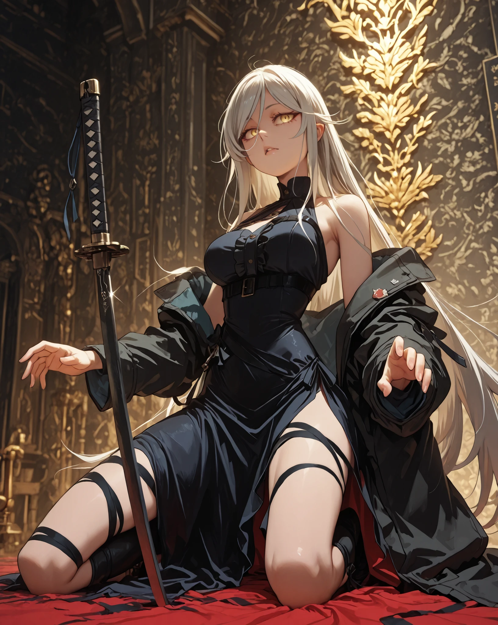 A masterpiece, ultra high quality, ultra-detailed. A 1.50m tall girl, light blonde hair with subtle gray tones, slightly messy tips, long bangs, highly detailed long hair styled like Oshino Shinobu from Monogatari Series. Golden eyes with an extremely detailed gaze, wearing a sadistic and confident expression. Fair skin, youthful curves, medium breasts, slim hips, large buttocks, perfect anatomy, perfect hands, perfectly detailed face. Her face resembles Sylpha Langlis from Tensei Shitara Dai Nana Ōji. She is kneeling, her body wrapped around an enormous black katana with golden ornaments — a weapon much larger than herself — which is embedded into the ground. Both hands are raised, gripping the katana’s hilt. Her pose is sensual and seductive. She wears a red gala dress with black frills, along with a black military coat identical to Dusk from Arknights, draped loosely and sliding off her arms. The scene has a rustic yet elegant feel. The background is pure black. Ultra-detailed eyes, hair, and fabric textures. Viewer perspective — she is looking directly at the spectator.