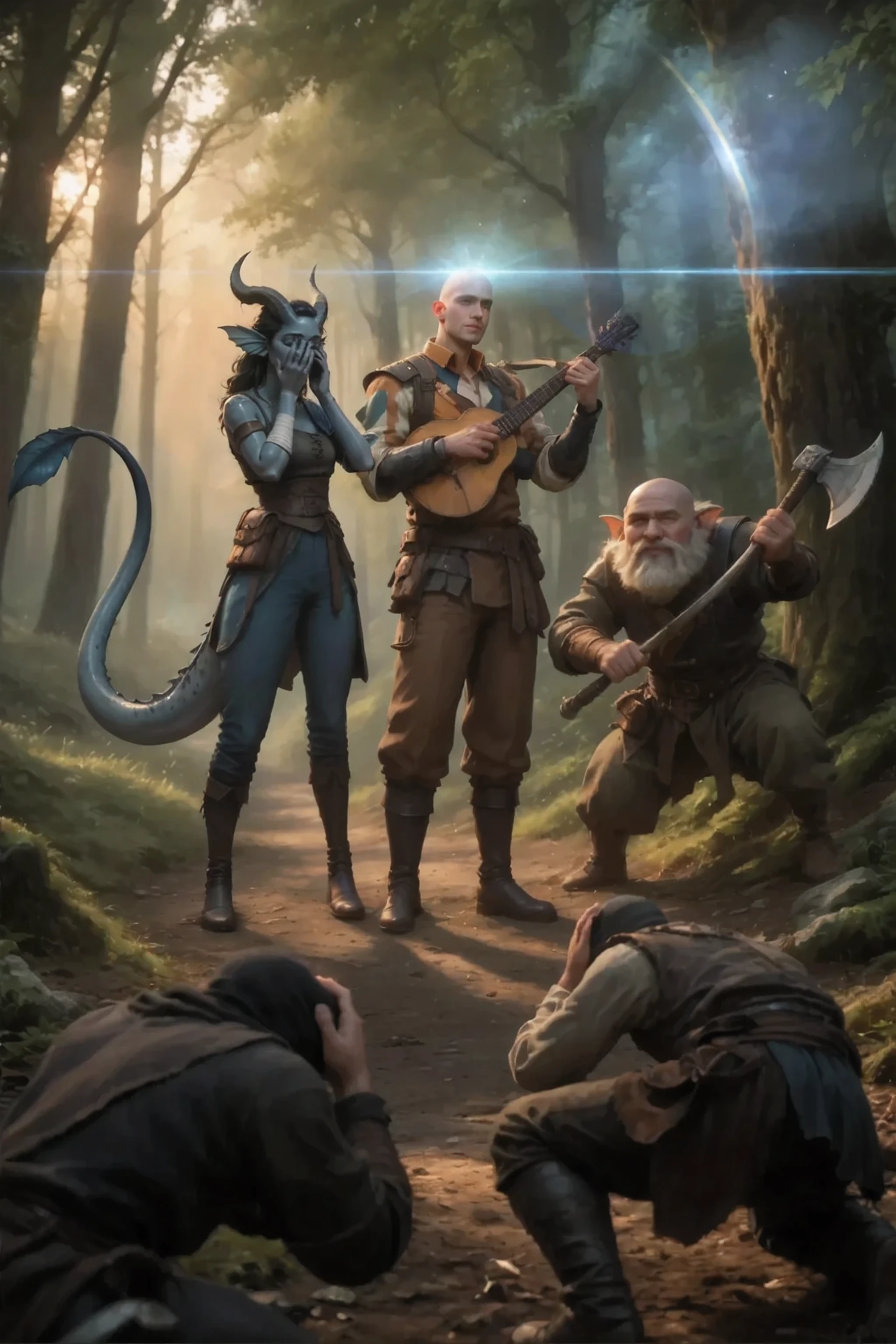 A bald man, speaking forward a little in harlequin clothes, plays the lute while standing in the middle of a forest path.
Kedra is standing next to him a little aside, covering her eyes with her hands, she has dark blue-gray skin and a long dragon tail behind her and horns on her head and fins on her head, and she is wearing simple medieval clothes and leather armor and brown leather pants.
On the other side of the man, there is a dwarf clutching an ax in one hand and closing his eyes with the other hand.
In front of them, you can see robbers on the path in dynamic poses of attack, but closing his eyes with his hands, closing his eyes while kneeling, the robbers cover their eyes with her hands.
warm dawn lighting breaks through the thick foliage of the forest, leaving long soft shadows.
masterpiece, Best quality, Ultra-detailed, Cinematic emotional static frame, 8K UHD, extremely detailed, physical visualization, HDR.
Unrealistic image, fantasy genre, dramatic lighting. The highly detailed digital art style, (sfw:1.3).