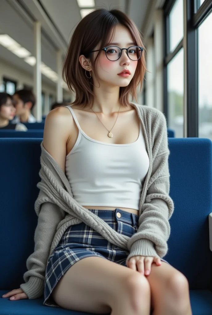 ((Highest Quality、masterpiece、high sensitivity、high resolution、Detailed description、delicate face depiction、Fvalue:6.0)),((Slender Woman、wearing glasses)),Advanced digital art 、tank top、plaid miniskirt、Summer Cardigan、sitting in the seat opposite of the train、Tired and sleepy、