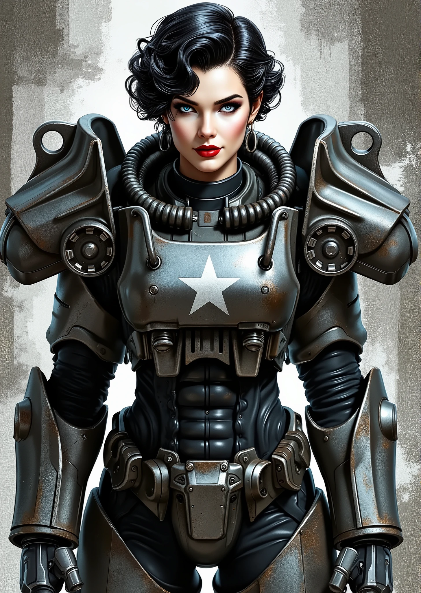 full body shot, armor, t60, robot, An extremely detailed comic book illustration depicting a stunningly beautiful character portrayed by youthful baby faced Gene Tierney nineteen years old wearing a retro 50s T-60 power armor mechanized combat suit from the Fallout Video Game setting the armor features a dark metallic exterior with black interior padding with an emblem on the chest plate showing what appears to be a star in white paint suggesting this might be part of a military or faction insignia the armor has a distinctive design with various mechanical components plates and joints visible the character is framed within the bulky armor which has a worn utilitarian aesthetic typical of post-apocalyptic or military science fiction settings with the helmet off to reveal her face whose overall look combines vintage pin-up with modern Rockabilly fashion and alternative accessories in a 50s meets the post apocalypse vibe wearing bold classic red lipstick caked on white foundation making her appear incredibly pale in a classic vintage-style makeup with defined eyebrows and dramatic eye makeup with a short black curled hairstyle with vintage 1950s-inspired waves and voluminous styling typical of the era whose cut and styling are reminiscent of classic 1950s pin-up glamour meets alternative fashion with tattoos piercings and alternative accessories in an art style inspired by Frank Miller and Conan the Barbarian. She has an expression between kind and confident. Her blue eyes are warm and her smile is motherly and compassionate. The background is awash in brushstrokes in shades of concrete grey. The level of detail and the emotive, expressive quality of the character's face create a compelling almost cinematic portrait of a complex multifaceted individual. The image evokes a sense of strength, compassion, and a desire to protect her people, making the subject a visually striking and captivating heroic figure. Standing in a dynamic action pose. Trending on Art Station.