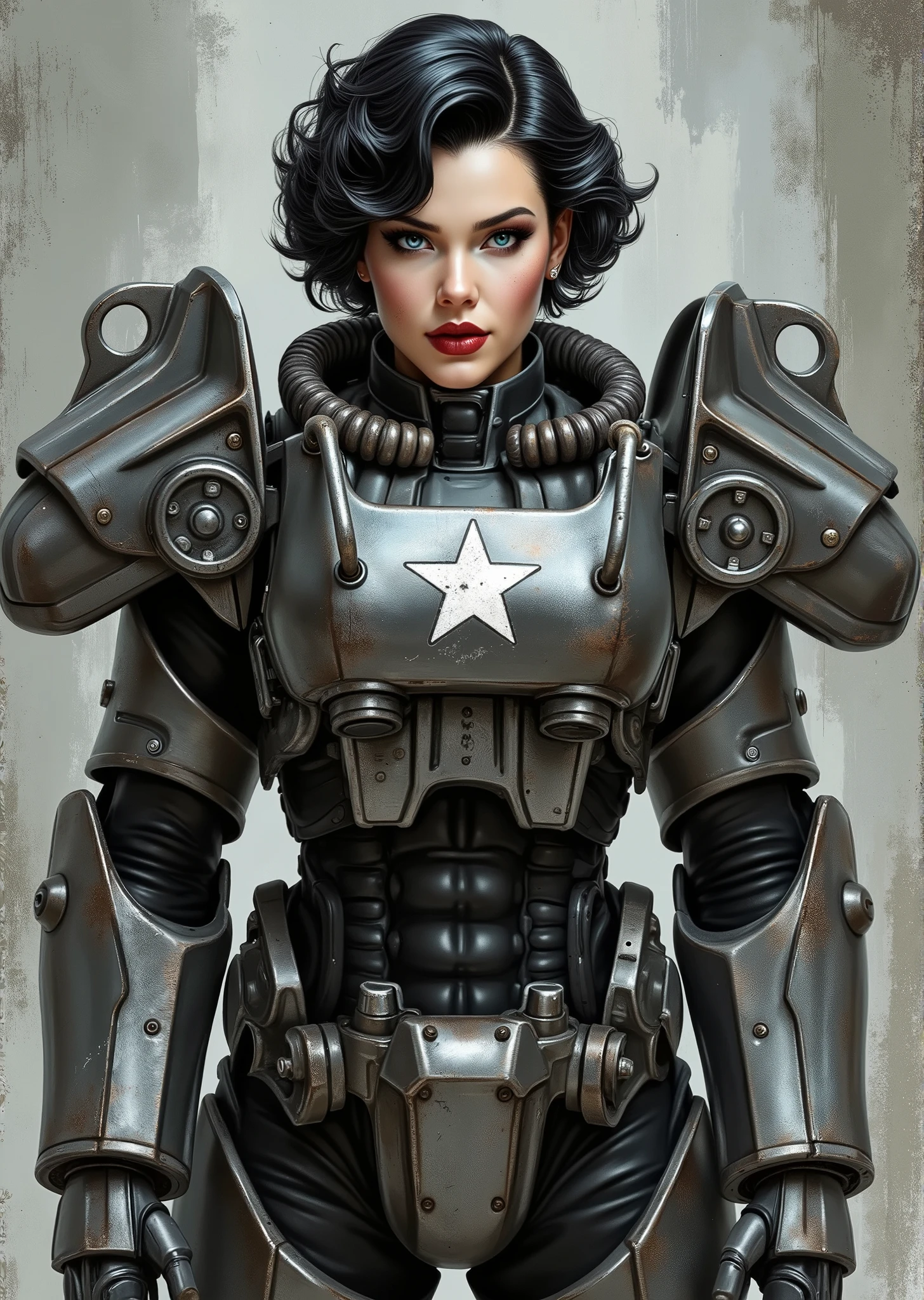 full body shot, armor, t60, robot, An extremely detailed comic book illustration depicting a stunningly beautiful character portrayed by youthful baby faced Gene Tierney nineteen years old wearing a retro 50s T-60 power armor mechanized combat suit from the Fallout Video Game setting the armor features a dark metallic exterior with black interior padding with an emblem on the chest plate showing what appears to be a star in white paint suggesting this might be part of a military or faction insignia the armor has a distinctive design with various mechanical components plates and joints visible the character is framed within the bulky armor which has a worn utilitarian aesthetic typical of post-apocalyptic or military science fiction settings with the helmet off to reveal her face whose overall look combines vintage pin-up with modern Rockabilly fashion and alternative accessories in a 50s meets the post apocalypse vibe wearing bold classic red lipstick caked on white foundation making her appear incredibly pale in a classic vintage-style makeup with defined eyebrows and dramatic eye makeup with a short black curled hairstyle with vintage 1950s-inspired waves and voluminous styling typical of the era whose cut and styling are reminiscent of classic 1950s pin-up glamour meets alternative fashion with tattoos piercings and alternative accessories in an art style inspired by Frank Miller and Conan the Barbarian. She has an expression between kind and confident. Her blue eyes are warm and her smile is motherly and compassionate. The background is awash in brushstrokes in shades of concrete grey. The level of detail and the emotive, expressive quality of the character's face create a compelling almost cinematic portrait of a complex multifaceted individual. The image evokes a sense of strength, compassion, and a desire to protect her people, making the subject a visually striking and captivating heroic figure. Standing in a dynamic action pose. Trending on Art Station.