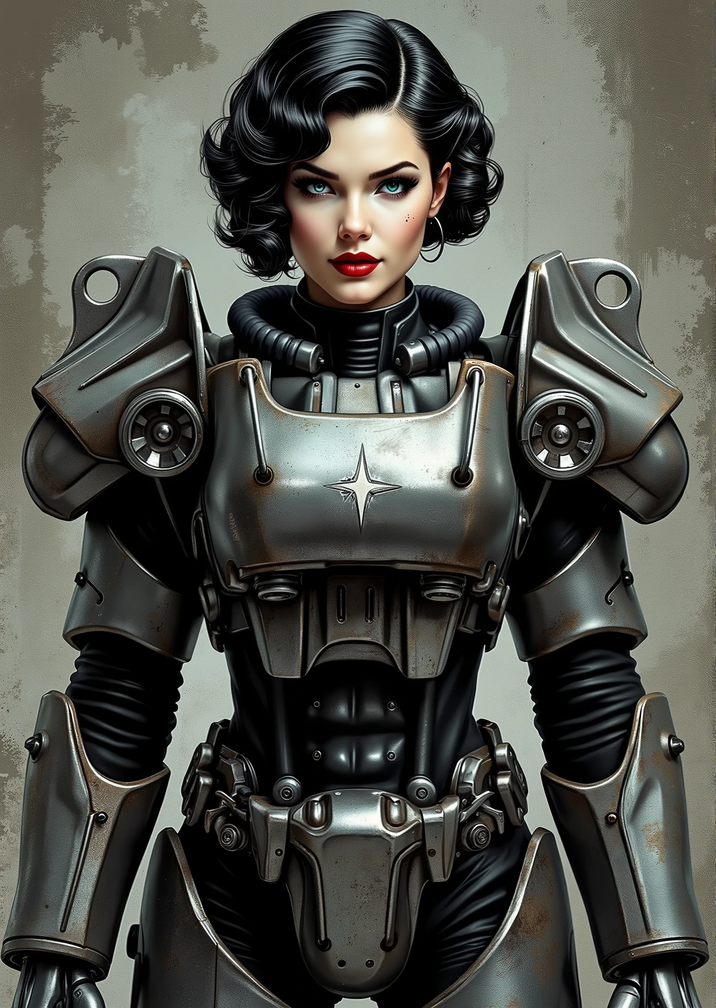 full body shot, armor, t60, robot, An extremely detailed comic book illustration depicting a stunningly beautiful character portrayed by youthful baby faced Gene Tierney nineteen years old wearing a retro 50s T-60 power armor mechanized combat suit from the Fallout Video Game setting the armor features a dark metallic exterior with black interior padding with an emblem on the chest plate showing what appears to be a star in white paint suggesting this might be part of a military or faction insignia the armor has a distinctive design with various mechanical components plates and joints visible the character is framed within the bulky armor which has a worn utilitarian aesthetic typical of post-apocalyptic or military science fiction settings with the helmet off to reveal her face whose overall look combines vintage pin-up with modern Rockabilly fashion and alternative accessories in a 50s meets the post apocalypse vibe wearing bold classic red lipstick caked on white foundation making her appear incredibly pale in a classic vintage-style makeup with defined eyebrows and dramatic eye makeup with a short black curled hairstyle with vintage 1950s-inspired waves and voluminous styling typical of the era whose cut and styling are reminiscent of classic 1950s pin-up glamour meets alternative fashion with tattoos piercings and alternative accessories in an art style inspired by Frank Miller and Conan the Barbarian. She has an expression between kind and confident. Her blue eyes are warm and her smile is motherly and compassionate. The background is awash in brushstrokes in shades of concrete grey. The level of detail and the emotive, expressive quality of the character's face create a compelling almost cinematic portrait of a complex multifaceted individual. The image evokes a sense of strength, compassion, and a desire to protect her people, making the subject a visually striking and captivating heroic figure. Standing in a dynamic action pose. Trending on Art Station.