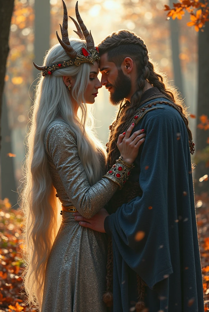 Action poster. Middle Ages, Polish-Lithuanian Commonwealth, 16th century, light, forest, man and woman next to each other. The man is attractive, long maroon hair, strong build, in a caftan with fur trim. A beautiful woman with long white hair, a face similar to Daenerys, in the princely attire of a queen