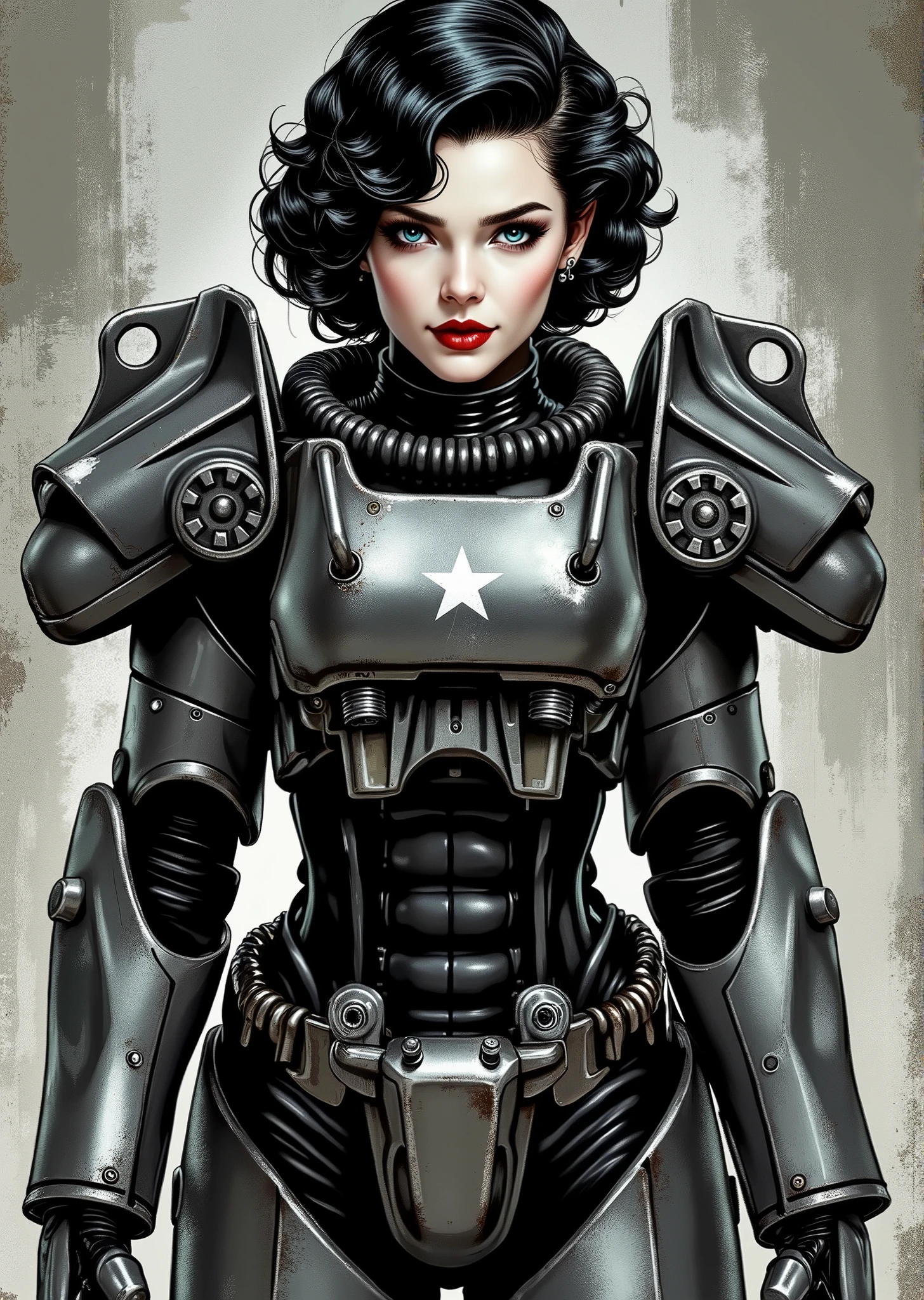 full body shot, armor, t60, robot, An extremely detailed comic book illustration depicting a stunningly beautiful character portrayed by youthful baby faced Gene Tierney nineteen years old wearing a retro 50s T-60 power armor mechanized combat suit from the Fallout Video Game setting the armor features a dark metallic exterior with black interior padding with an emblem on the chest plate showing what appears to be a star in white paint suggesting this might be part of a military or faction insignia the armor has a distinctive design with various mechanical components plates and joints visible the character is framed within the bulky armor which has a worn utilitarian aesthetic typical of post-apocalyptic or military science fiction settings with the helmet off to reveal her face whose overall look combines vintage pin-up with modern Rockabilly fashion and alternative accessories in a 50s meets the post apocalypse vibe wearing bold classic red lipstick caked on white foundation making her appear incredibly pale in a classic vintage-style makeup with defined eyebrows and dramatic eye makeup with a short black curled hairstyle with vintage 1950s-inspired waves and voluminous styling typical of the era whose cut and styling are reminiscent of classic 1950s pin-up glamour meets alternative fashion with tattoos piercings and alternative accessories in an art style inspired by Frank Miller and Conan the Barbarian. She has an expression between kind and confident. Her blue eyes are warm and her smile is motherly and compassionate. The background is awash in brushstrokes in shades of concrete grey. The level of detail and the emotive, expressive quality of the character's face create a compelling almost cinematic portrait of a complex multifaceted individual. The image evokes a sense of strength, compassion, and a desire to protect her people, making the subject a visually striking and captivating heroic figure. Standing in a dynamic action pose. Trending on Art Station.