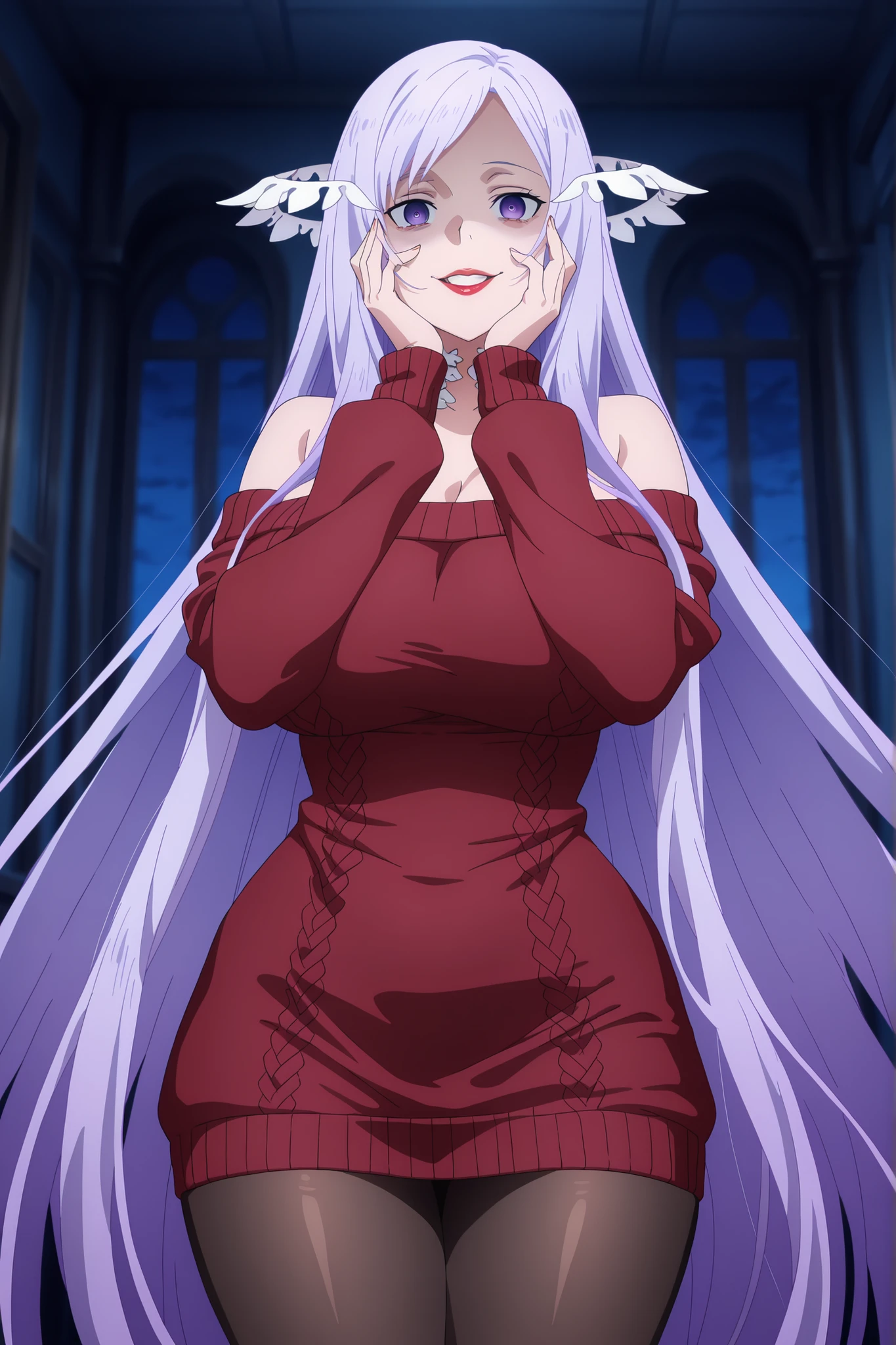 anime screencap, masterpiece, best quality, quinella, 1girl, Mature Female, long hair, light purple hair, purple eyes, huge breasts, big butt, ((off shoulder , off-shoulder dress , off-shoulder sweater , pantyhose , red sweater , sweater , sweater dress , thighs,)), crazy smile , crazy, Lips, Red lipstick, Yandere, hands on own cheeks,  Lips, view detailed body, (((Sexy,))), creepy, night,