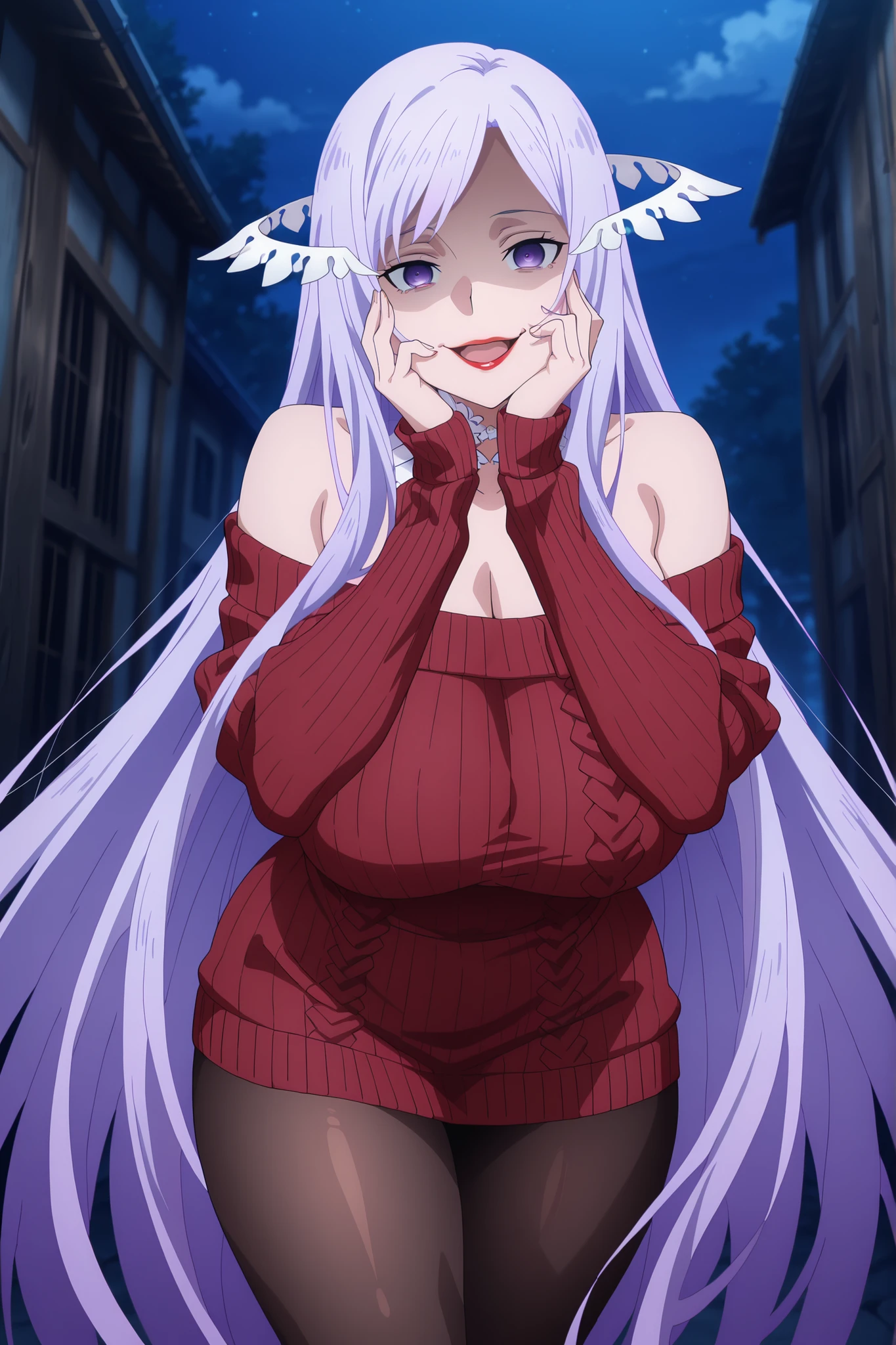 anime screencap, masterpiece, best quality, quinella, 1girl, Mature Female, long hair, light purple hair, purple eyes, huge breasts, big butt, ((off shoulder , off-shoulder dress , off-shoulder sweater , pantyhose , red sweater , sweater , sweater dress , thighs,)), crazy smile , crazy, Lips, Red lipstick, Yandere, hands on own cheeks,  Lips, view detailed body, (((Sexy,))), creepy, night,