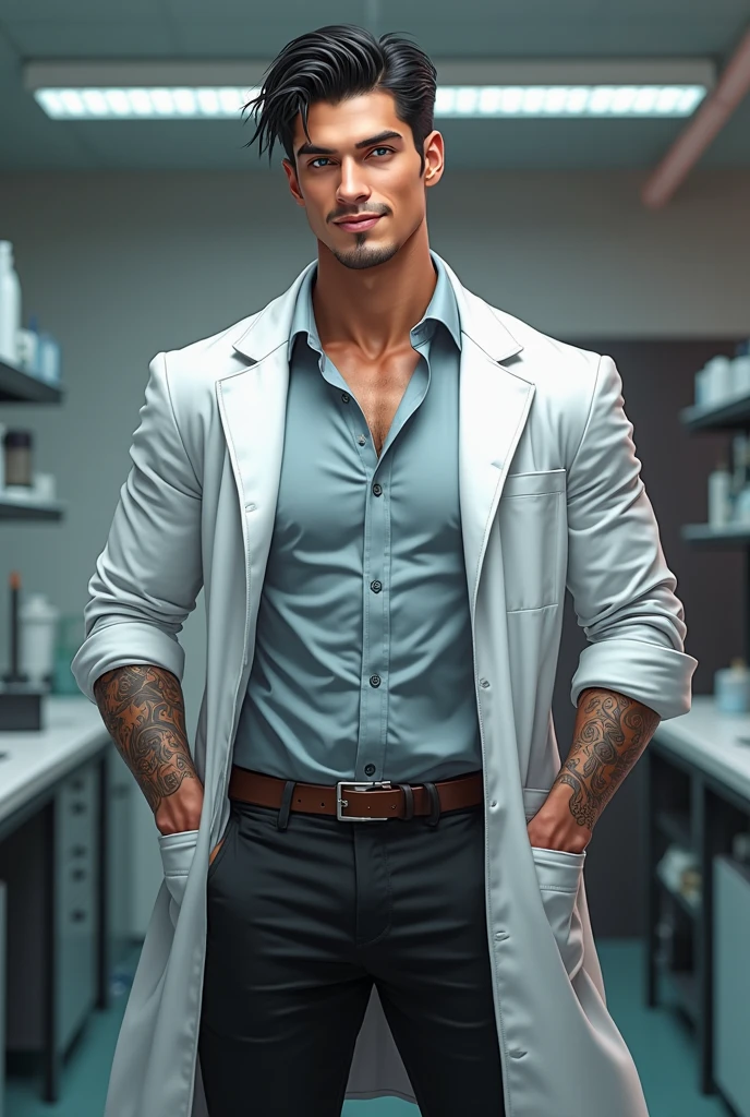 Masterpiece, denoise, void noise, one man, best quality, 8k resolution, male focus, focus only, amazing composition, volumetric lighting, super quality, elegant, Very detailed, front view, facing viewer, -----------, 35 years old, mature face, muscular, Caucasian, (((white skin, pale skin))), handsome, (detailed light-blue eyes), ((light blonde hair, messy medium hairstyle)), big ears, (hairy pectorals, thick plenty chest and body hair), (medium long beard), (((((Jim Sturgess mixed with Russell Tovey))))), (((big , perky ))), ------------, ((((detailed black male scrub trousers)))), (((black male scrub top))), (((stethoscope))), ((sitting)), (((face close-up))), (((shy)))