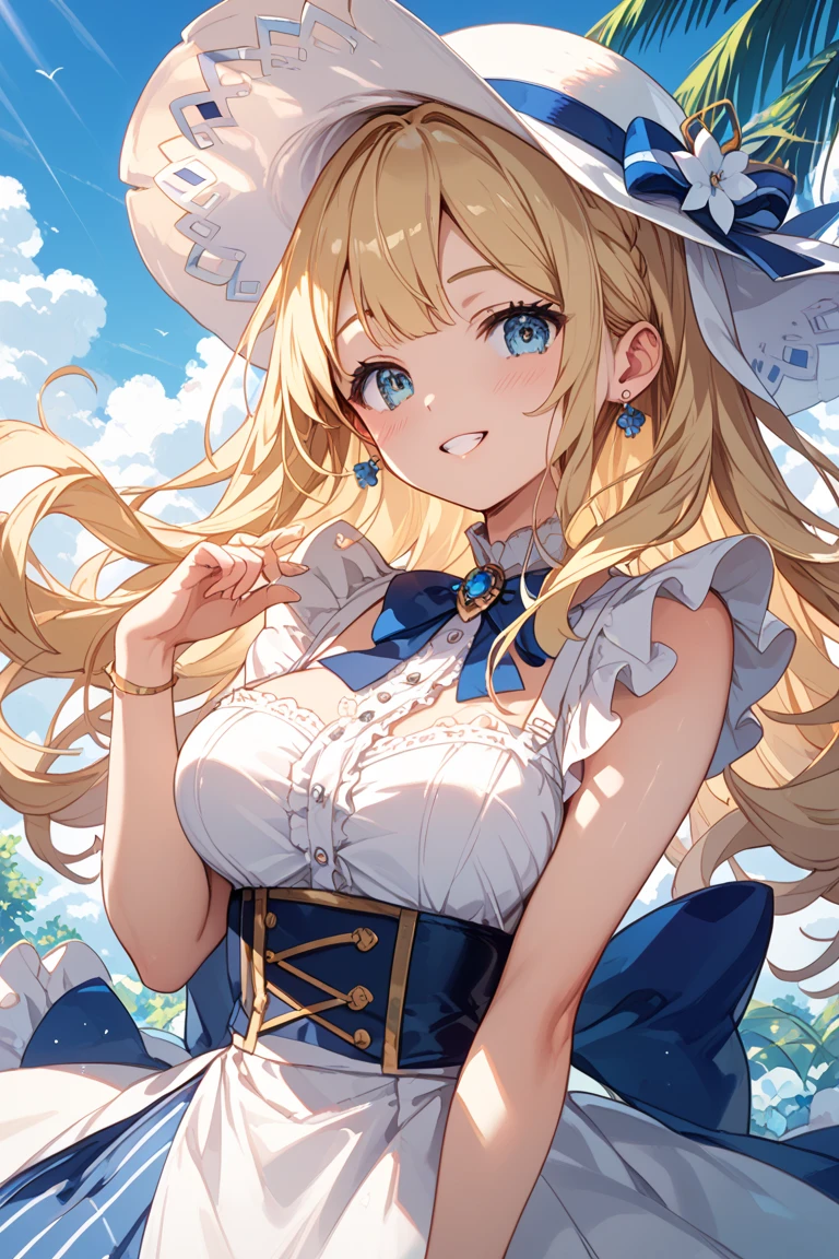 masterpiece、highest quality、High resolution、Very detailed、Close-up、Medium wide shot、Girl standing、Crossing legs、Long blonde、Twin tails、smile、Blue bikini 、Blue ribbon、Corset skirt、Apron dress、blue and white striped stockings、garter belt、loafers、Short sleeve、peace sign、smile、