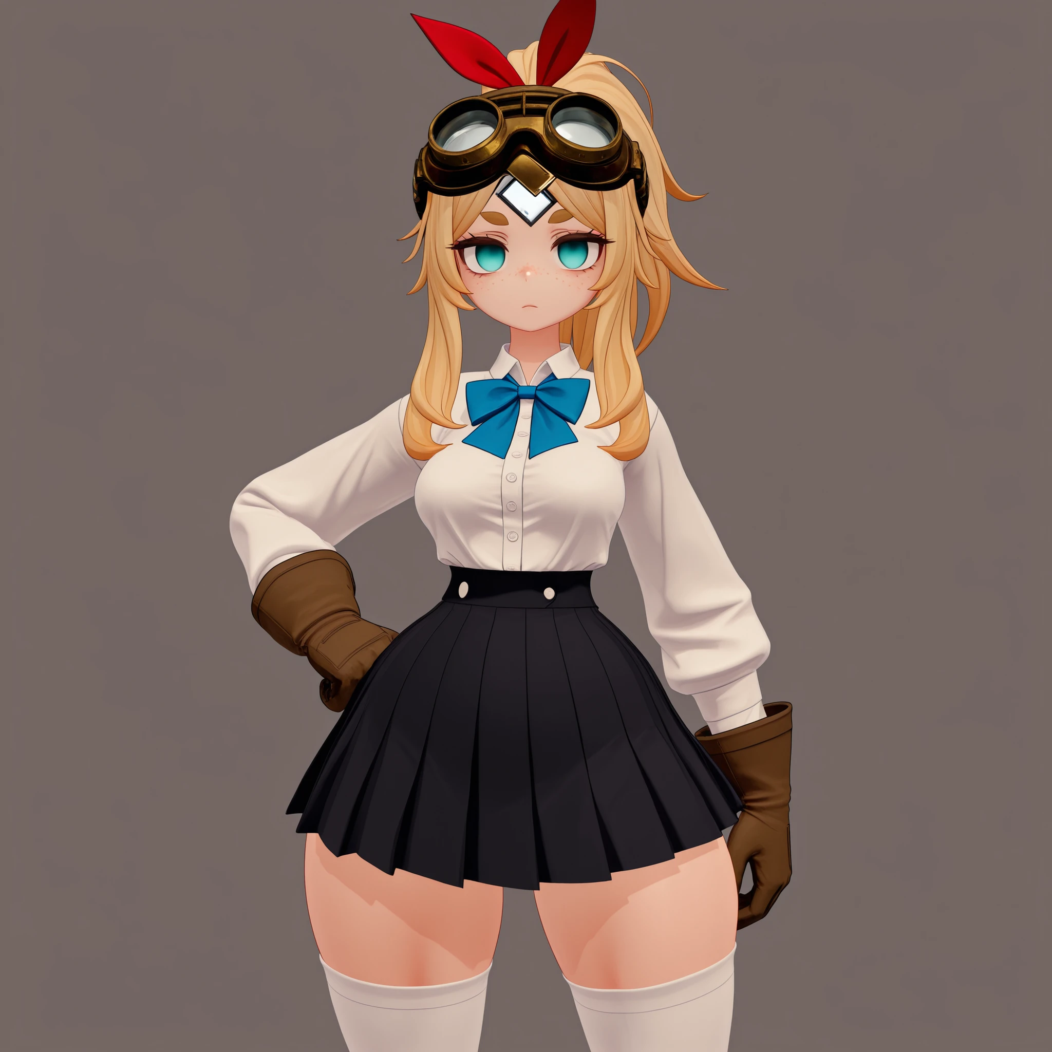 masterpiece, ultra-HD, impressionism, high detail, best quality, very aesthetic, 8k, best quality, beautiful, VRChatStyle, 3D, 1girl, solo, long blonde hair, high ponytail, long locks, red ribbon, almond-shaped eyes, turquoise eyes, eyelashes, empty eyes, freckles, bushy eyebrows, medium breasts, narrow waist, wide hips, thick thighs, slim, white buttoned long sleeves shirt, blue bowtie, black pleated skirt, white thigh high socks, brown work gloves, welding goggles on forehead, serious, neutral, hand on hips, standing, looking at viewer, simple background, front view