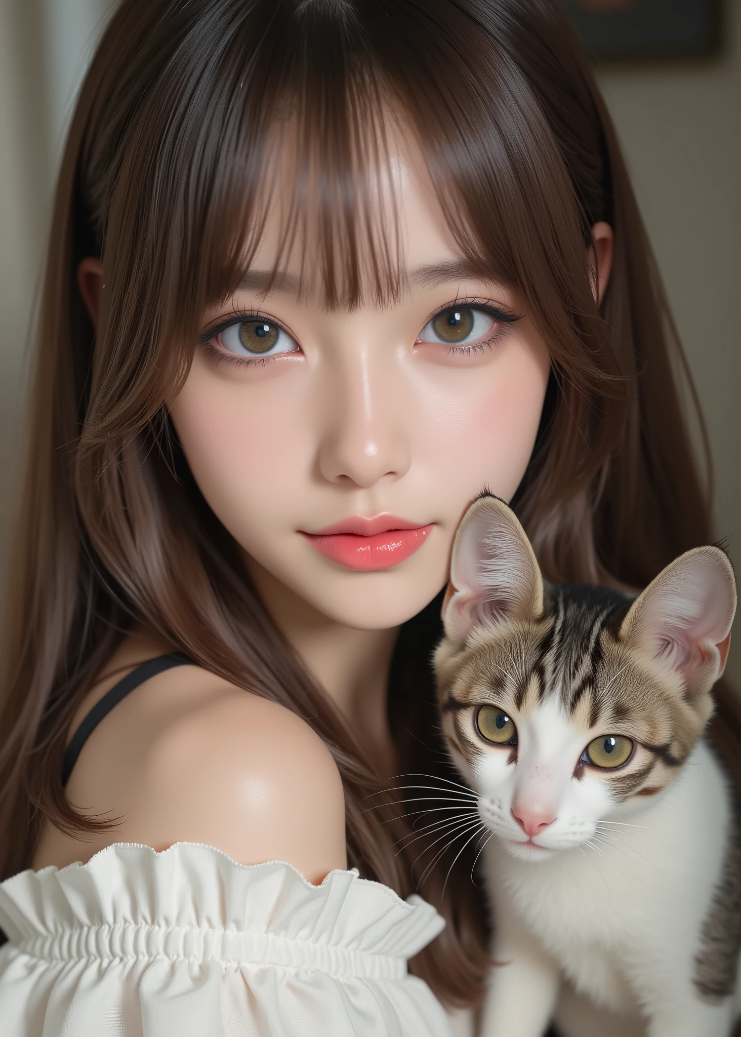 8k, solo, beautiful girl,  cat, Make Up,  Pale red lips, portrait, realistic, deep green eyes , white skin、Smooth, silky skin、stares at viewers, Realistic