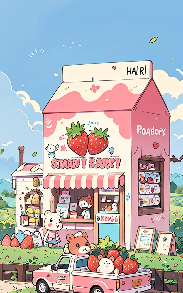 A cute cartoon illustration of a strawberry shop shaped like a pink milk carton. Little white cartoon bears are running the shop. A pink pickup truck is parked in front, filled with giant strawberries. The scene is in a sunny, idyllic countryside with a blue sky. The style is 2D, with clean line art and flat pastel colors.