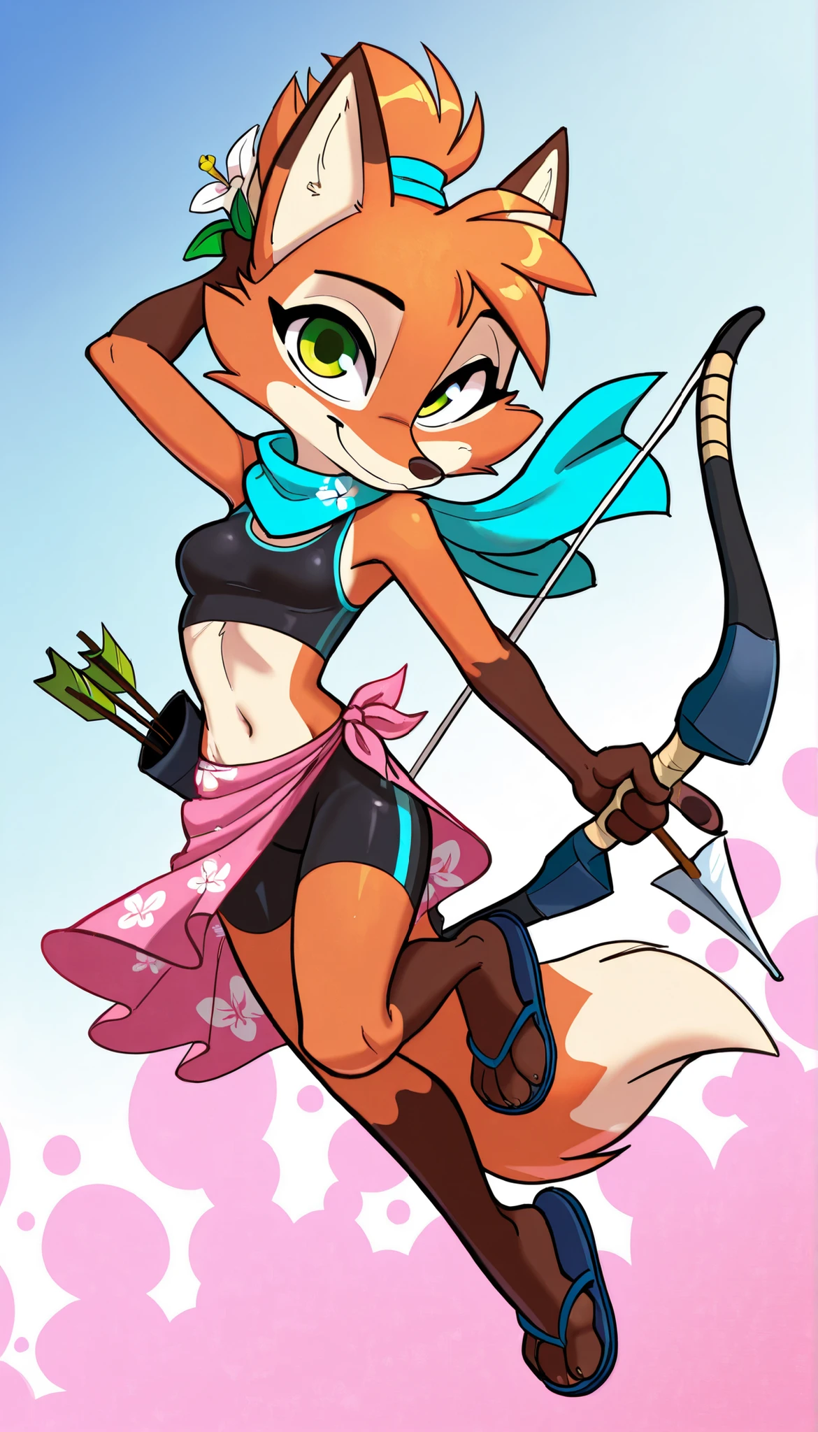 score_9, score_8_up, score_7_up, 1girl, source furry, absurdres, masterpiece, best quality, amazing quality, siroc, solo, dynamic angle, fleetfox, furry, fox, orange fur, green eyes, female, short hair, fleetSummer, black tankini, midriff, black bike shorts, navel, scarf with flower pattern, pink sarong, flip flops, full body, feets with three toes, small breasts, ponytail, looking at viewer, smile, jumping, smile, holding weapon with one hand, bow weapon, archery, arrow, action pose, abstract background,