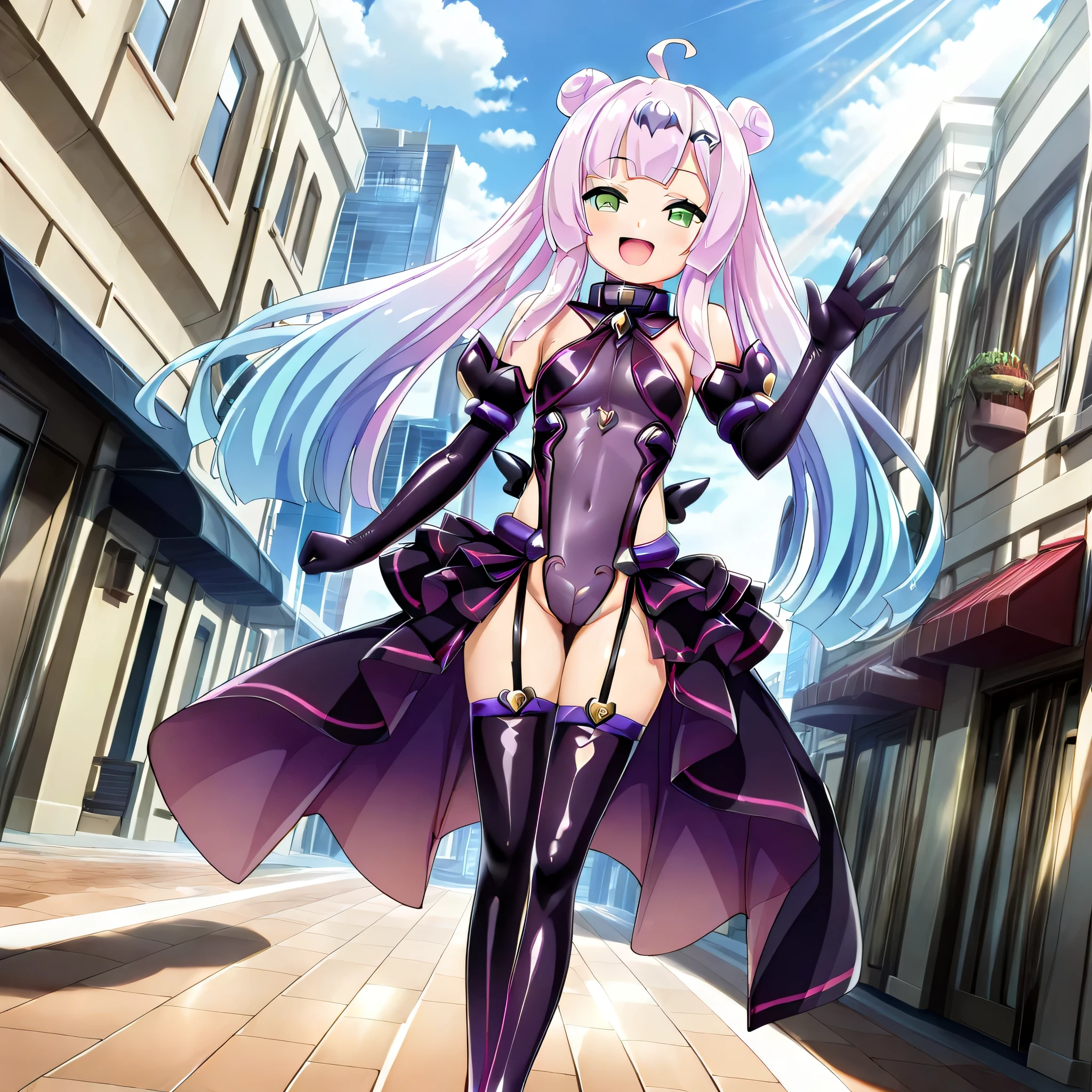 (((Masterpiece))), (((Best Quality))), ((Super Detail)), ultra-High resolution, score_9,score_8_up,score_7_up,score_6_up,score_5_up,score_4_up, BREAK, source_anime, anime screencap, uncensored, rating_explicit, Masterpiece, (absurdres), (detailed background), (very aesthetic), detailed beautiful eyes, outstanding, countershading, detailed soft lighting, an exquisite animation illustration, curvy, highres, lusterise, dark persona, purple eyes, very long hair, covered navel, showgirl skirt, thighhighs, elbow gloves, garter straps, (((solo, 1girl))), hair ornament, pose, submissive pose, anime style, anime coloring, animification, megami magazine, pose, small , puniru \(puniru wa kawaii slime\), pink hair, blue hair, multicolored hair, double bun, long hair, green eyes, city, sunbeam, dappled light, happy, smile, open mouth, waving hand, waving, walking, looknig from side, view from side, from side, dutch angle, full body