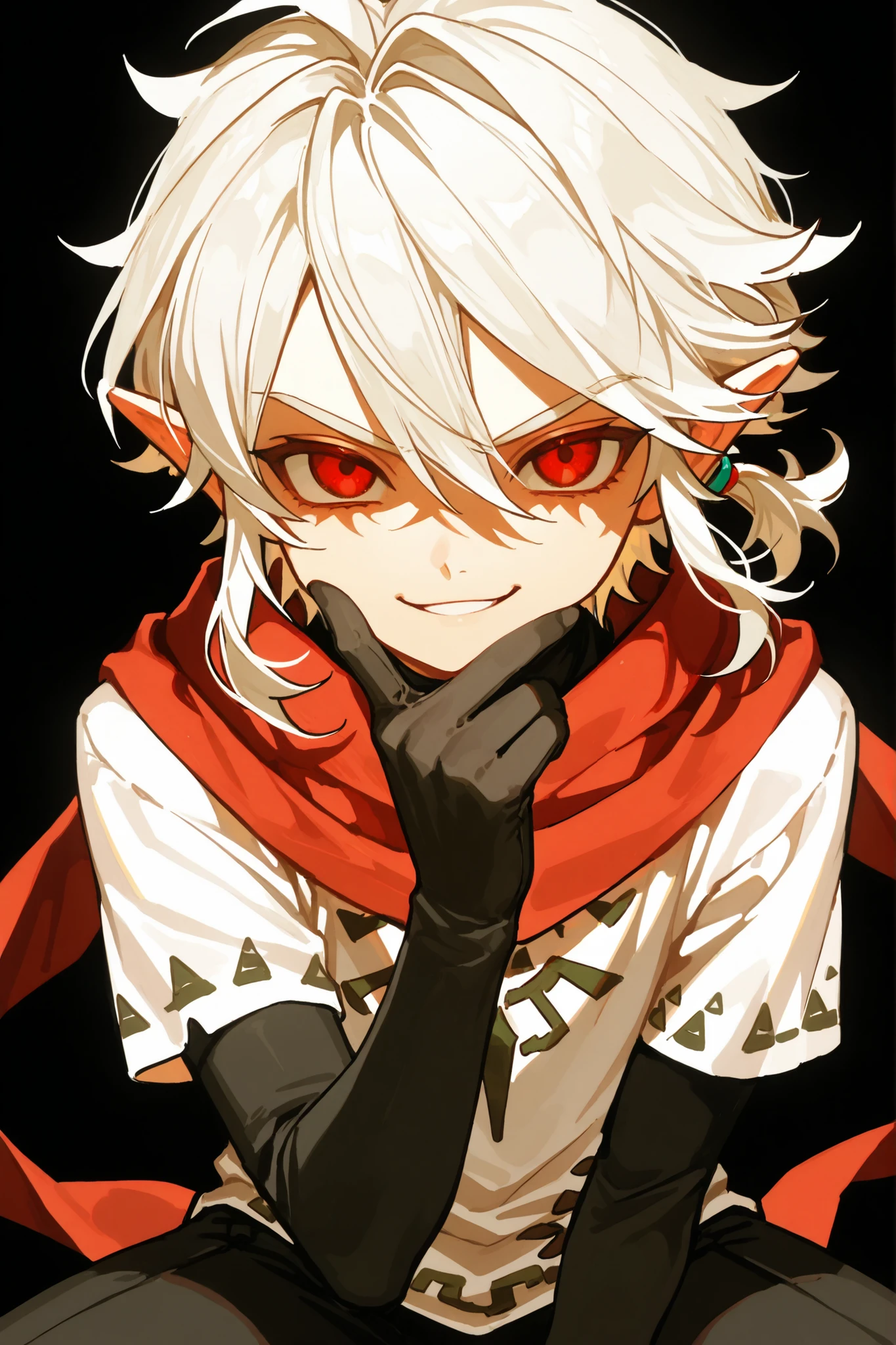 Alone, 1 , young boy, 18 years old, androgynous boy, facing the viewer, white hair, red eyes, Emma's hairstyle in The Promise Neverland, red eyes, perfect anatomy, adventure, similar to Link from The Legend of Zelda, fierce face, provocative face, medium stature, young;

wearing black gloves, very long red scarf, white t-shirt, black pants;

black background, it's a boy;

showing the entire body, shoulders and head exposed, close to the face, observing the character, looking at the viewer, face to face, provocative smile, confident;