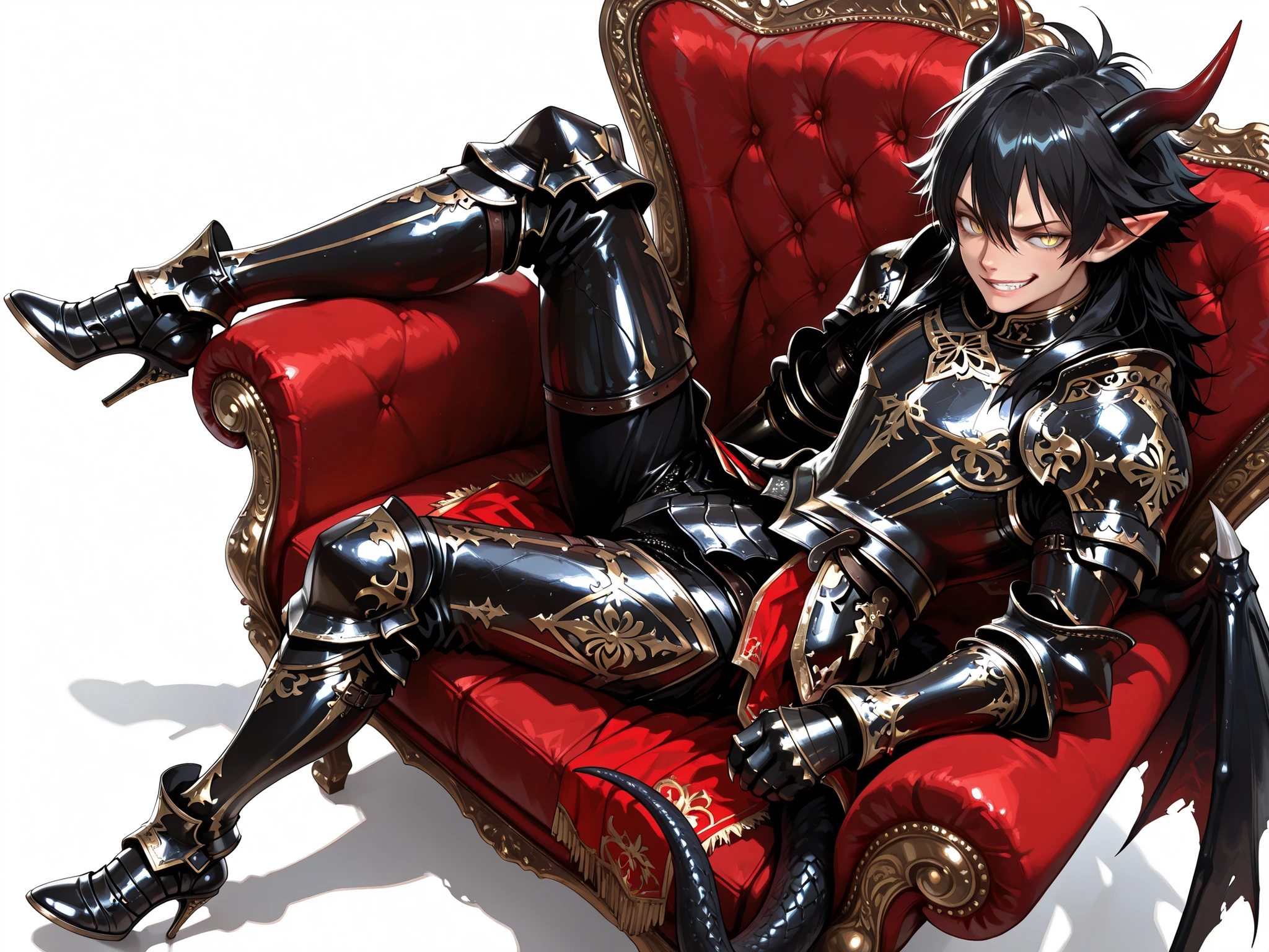 score_9, score_8_up, score_7_up, absurdres, (((128K Ultra High Resolution))), (masterpiece, best quality: 1. 5), (high definition: 1, 4), (highres), 8K wallpaper, (excellent graphics: 1. 5), CG, (((Japanese Anime style))), (1 male), solo, ((lean body, masculine)), weredragon, glossy black, shiny black leather, ((beautiful golden eyes, finely detailed eyes, bright eyes, slit pupils)), hair between eyes, black hair, long hair, sideburns, wild hair, (sly grin, sinister grin, smirk), teeth, confident, ((ultra detailed face)), shiny skin, long pointy ears, twisted torso, long-legged, sculpted face, wasp waist, dragon horn, dragon tail, dragon wings, dragon sharp claws, (black armor with a lot of grandiose decorations: 1. 5), half dragon half human, (sit cross-legged, closed legs, sit sideways, luxury antique red plush velvet chair: 1. 5), (dramatic angle, dynamic pose: 1. 5), (ultra detailed black armor, well-polished black armor: 1. 5), (gold-adorned armor: 1. 5), all black outfit, full body, sharp focus, good-looking man, (best illustration, highly detailed artwork: 1. 5), (cinematic), dramatic lighting, (intricate detail, extreme detailed, super detailed: 1. 5), chiseled features, (stark contrast, heavy shadows: 1. 3), detailed black decorations, beautiful & aesthetic, photoreal, (from side), ((from above)), (mysteriously crafted black metal armor: 1. 5), thick & luxuriant hair, (ultra detailed fantasy black armor, wonderful black armor: 1. 5), (realistic metal texture), broad shoulder, true-to-life visuals, artistically refined, (extremely delicate & beautiful armor, elaborate armor details: 1. 5), (giant black armor, dark armor, stylized armor: 1, 5), (((armor-type high heels))), (extremely detailed armor with intricate engravings, intricate armor with gold ornaments: 1. 5), ((very gorgeous and dazzling)), (dark fantasy black knight: 1. 5), slim waistlines, wide chested, sinewy body, (Hyper Detailed & Perfectly Designed Black Armor: 1. 5), (simple white background)
