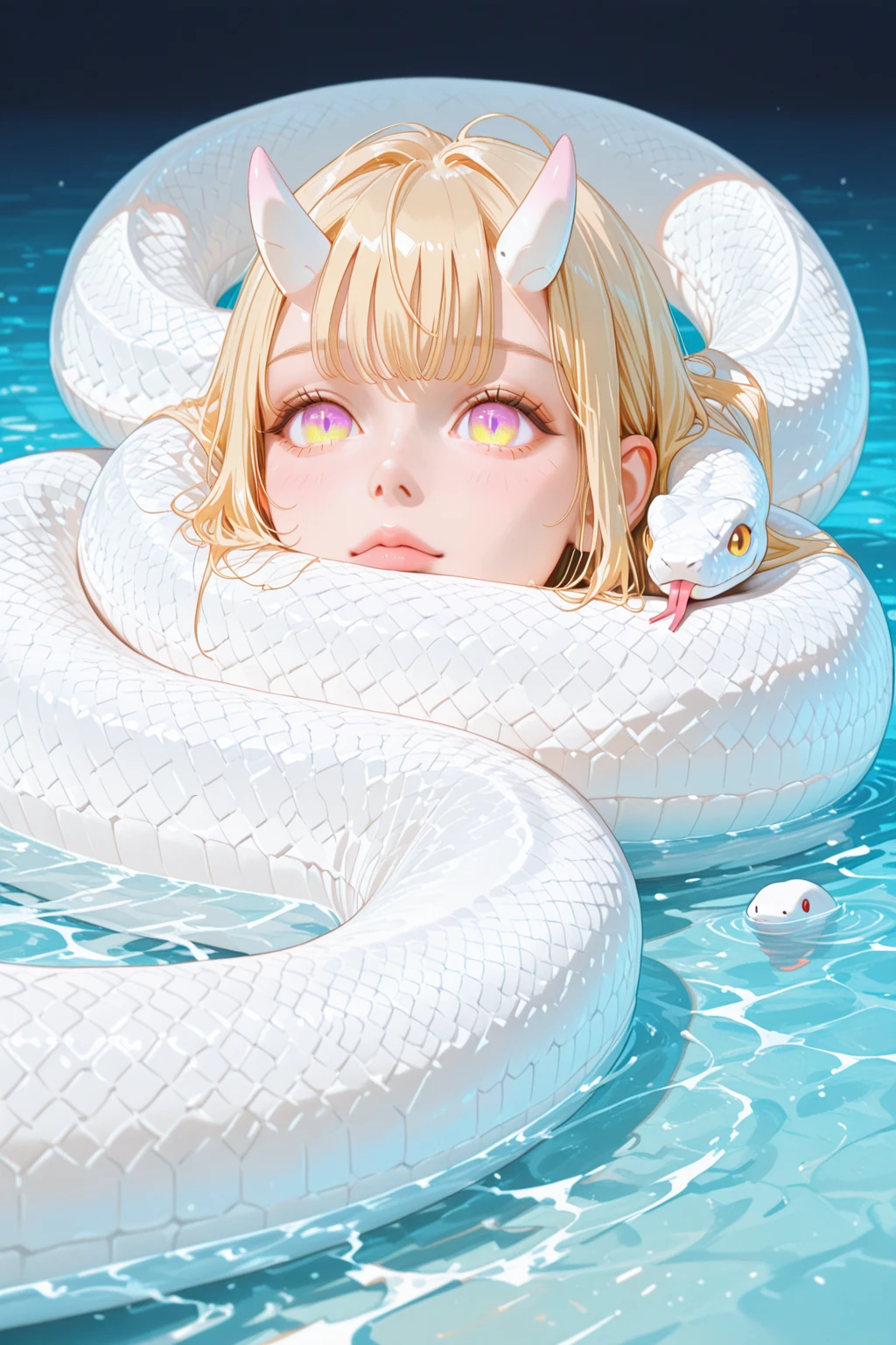 masterpiece, best quality, highres, illustration, highly detailed,  blonde hair, hair braid, length hair, floating hair, messy hair, 1girl, solo, Lillie(Pokemon), beautiful detailed eyes, , snake, (anaconda), (coiled), snake scales detailed, restrained, scared face, crying 