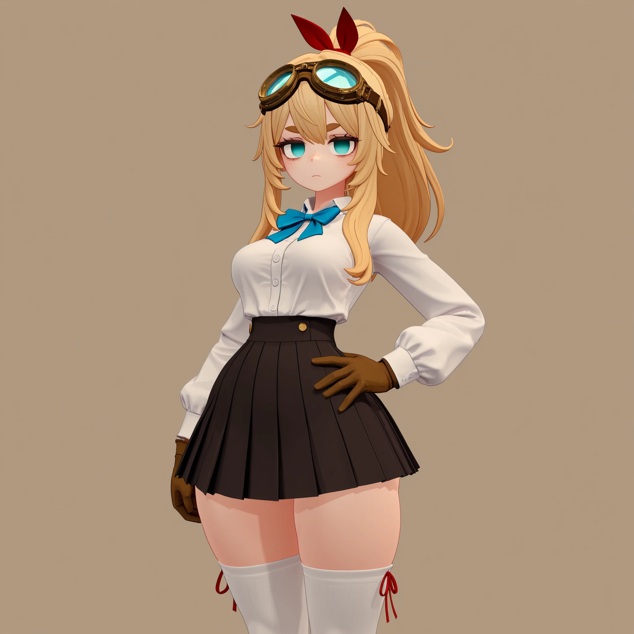 masterpiece, ultra-HD, impressionism, high detail, best quality, very aesthetic, 8k, best quality, beautiful, VRChatStyle, 3D, 1girl, solo, long blonde hair, high ponytail, long locks, red ribbon, almond-shaped eyes, turquoise eyes, eyelashes, empty eyes, freckles, bushy eyebrows, medium breasts, narrow waist, wide hips, thick thighs, slim, white buttoned long sleeves shirt, blue bowtie, black pleated skirt, white thigh high socks, brown work gloves, goggles on forehead, serious, neutral, hand on hips, standing, looking at viewer, simple background, front view