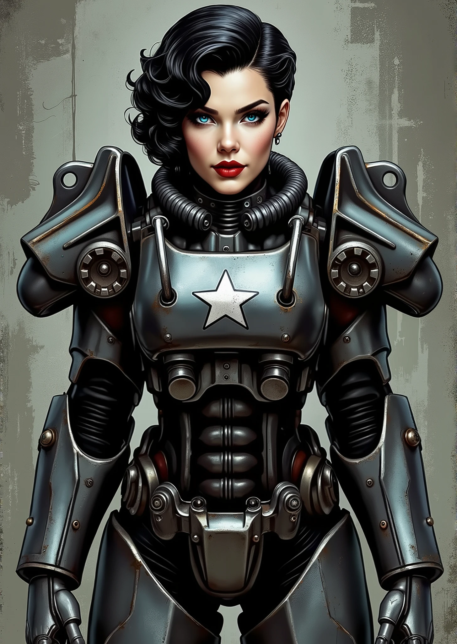 full body shot, armor, t60, robot, An extremely detailed comic book illustration depicting a stunningly beautiful character portrayed by youthful baby faced Gene Tierney tween wearing a retro 50s T-60 power armor mechanized combat suit from the Fallout Video Game setting the armor features a dark metallic exterior with black interior padding with an emblem on the chest plate showing what appears to be a star in white paint suggesting this might be part of a military or faction insignia the armor has a distinctive design with various mechanical components plates and joints visible the character is framed within the bulky armor which has a worn utilitarian aesthetic typical of post-apocalyptic or military science fiction settings with the helmet off to reveal her face whose overall look combines vintage pin-up with modern Rockabilly fashion and alternative accessories in a 50s meets the post apocalypse vibe wearing bold classic red lipstick caked on white foundation making her appear incredibly pale in a classic vintage-style makeup with defined eyebrows and dramatic eye makeup with a short black curled hairstyle with vintage 1950s-inspired waves and voluminous styling typical of the era whose cut and styling are reminiscent of classic 1950s pin-up glamour meets alternative fashion with tattoos piercings and alternative accessories in an art style inspired by Frank Miller and Conan the Barbarian. She has an expression between kind and confident. Her blue eyes are warm and her smile is motherly and compassionate. The background is awash in brushstrokes in shades of concrete grey. The level of detail and the emotive, expressive quality of the character's face create a compelling almost cinematic portrait of a complex multifaceted individual. The image evokes a sense of strength, compassion, and a desire to protect her people, making the subject a visually striking and captivating heroic figure. Standing in a dynamic action pose. Trending on Art Station.