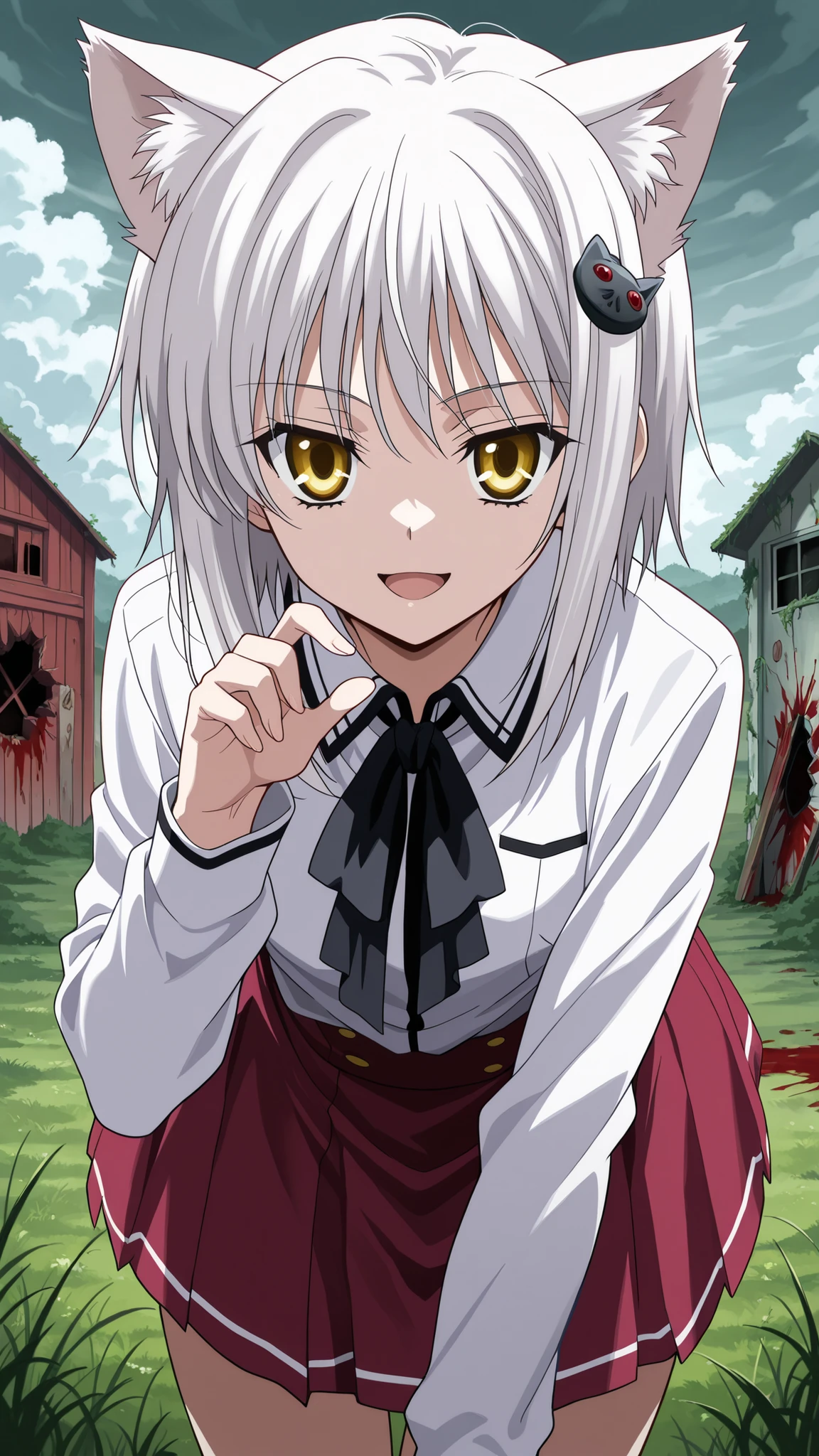 BREAK (masterpiece:1.2), best quality, high resolution, unity 8k wallpaper, (illustration:0.8), overgrown field under storm clouds, old barn with blood splattered on broken doors,faint mist crawling over the grass, eerie silence, ultra detailed horror scene, no people,koneko toujou, short hair, hair ornament, yellow eyes, white hair,,skirt, school uniform, shirt, white shirt, collared shirt, neckerchief, black neckerchief, long sleeves, red skirt,floating skirt,looking at viewer,cowboy shot,wide-angel,seductive pose,smile,open mouth,cat ears,bent over to camera,open uniform