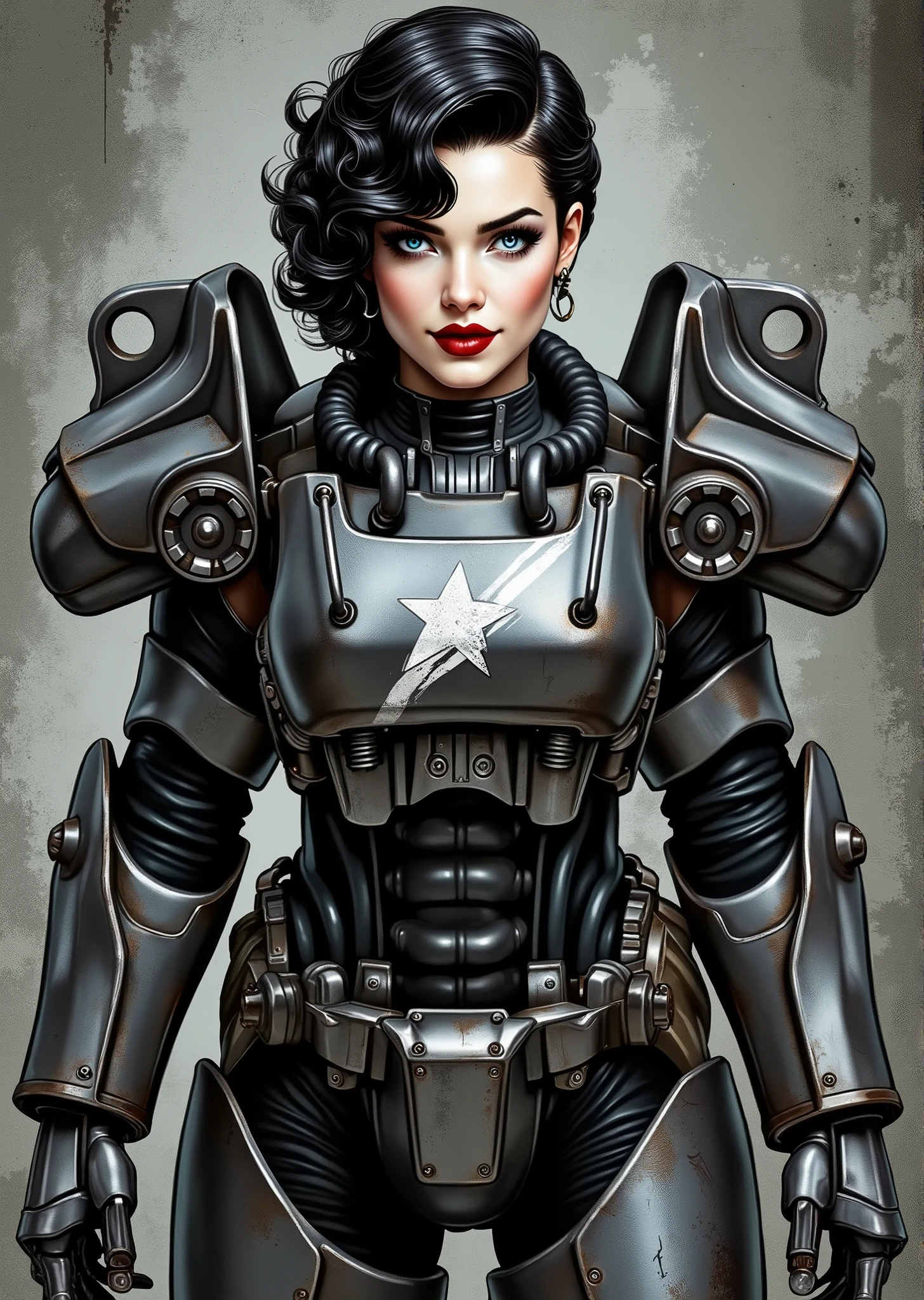 full body shot, armor, t60, robot, An extremely detailed comic book illustration depicting a stunningly beautiful character portrayed by youthful baby faced Gene Tierney tween wearing a retro 50s T-60 power armor mechanized combat suit from the Fallout Video Game setting the armor features a dark metallic exterior with black interior padding with an emblem on the chest plate showing what appears to be a star in white paint suggesting this might be part of a military or faction insignia the armor has a distinctive design with various mechanical components plates and joints visible the character is framed within the bulky armor which has a worn utilitarian aesthetic typical of post-apocalyptic or military science fiction settings with the helmet off to reveal her face whose overall look combines vintage pin-up with modern Rockabilly fashion and alternative accessories in a 50s meets the post apocalypse vibe wearing bold classic red lipstick caked on white foundation making her appear incredibly pale in a classic vintage-style makeup with defined eyebrows and dramatic eye makeup with a short black curled hairstyle with vintage 1950s-inspired waves and voluminous styling typical of the era whose cut and styling are reminiscent of classic 1950s pin-up glamour meets alternative fashion with tattoos piercings and alternative accessories in an art style inspired by Frank Miller and Conan the Barbarian. She has an expression between kind and confident. Her blue eyes are warm and her smile is motherly and compassionate. The background is awash in brushstrokes in shades of concrete grey. The level of detail and the emotive, expressive quality of the character's face create a compelling almost cinematic portrait of a complex multifaceted individual. The image evokes a sense of strength, compassion, and a desire to protect her people, making the subject a visually striking and captivating heroic figure. Standing in a dynamic action pose. Trending on Art Station.