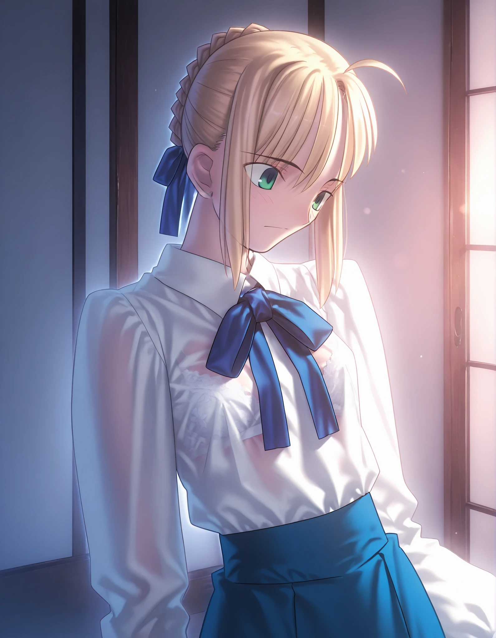 masterpiece, , absurdres, highres, detailed background, high resolution, masterpiece, necessary, detail, best quality, quality, necessary, details, High details, Precise, midnight, indoors,((dark)), ((cinematic light)), from above, , solo,
1girl, solo, Takeuchi Takashi (type-moon,fate) style, takeuchi takashi style, on side,
tall girl, mature, artoria pendragon, artoria pendragon (fate), saber, hair bun, single hair bun, braid, blonde hair, green eyes, , ahoge, small , ,(), ,
(long blue skirt, shirt, long sleeves, ribbon, white shirt, blouse,), see-through white bra, , small , flat , , looking down, ,