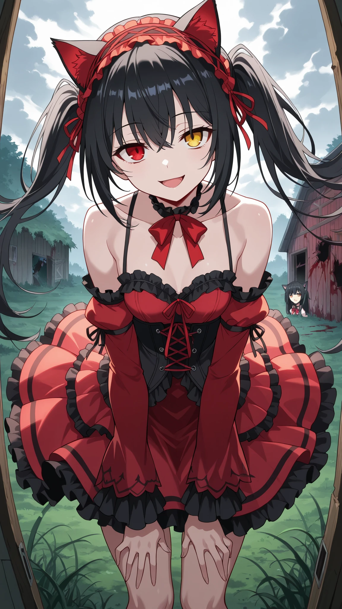 BREAK (masterpiece:1.2), best quality, high resolution, unity 8k wallpaper, (illustration:0.8), overgrown field under storm clouds, old barn with blood splattered on broken doors,faint mist crawling over the grass, eerie silence, ultra detailed horror scene, no peoplekurumi tokisaki astral dress, long hair, black hair, red eyes, twintails, yellow eyes, hairband, heterochromia, dress, red dress, bare shoulders, collarbone, choker, bowtie, red bowtie, detached sleeves, corset, frills,floating skirt,looking at viewer,cowboy shot,wide-angel,seductive pose,smile,open mouth,cat ears,bent over to camera,open uniform