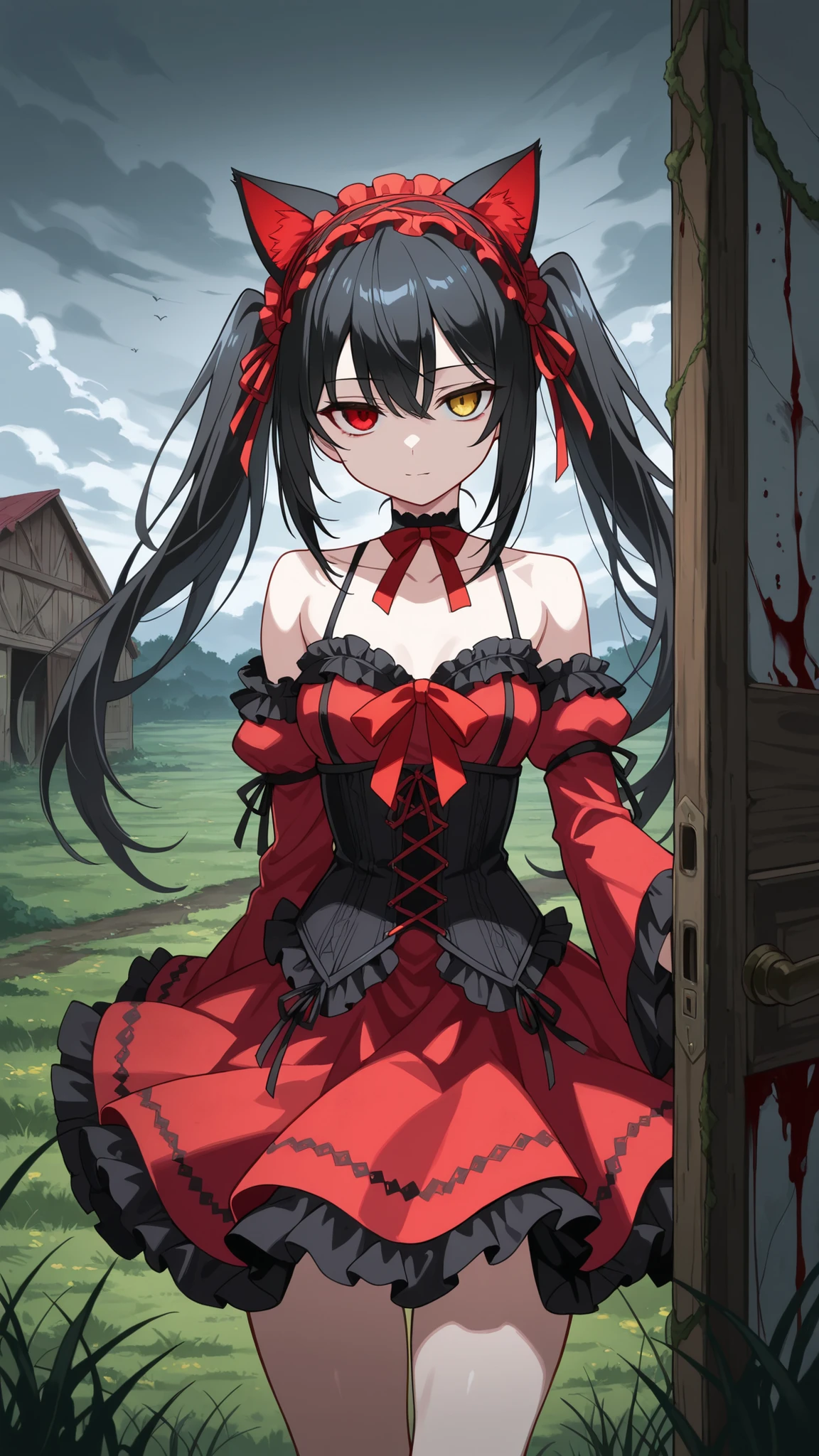 BREAK (masterpiece:1.2), best quality, high resolution, unity 8k wallpaper, (illustration:0.8), overgrown field under storm clouds, old barn with blood splattered on broken doors,faint mist crawling over the grass, eerie silence, ultra detailed horror scene, no peoplekurumi tokisaki astral dress, long hair, black hair, red eyes, twintails, yellow eyes, hairband, heterochromia, dress, red dress, bare shoulders, collarbone, choker, bowtie, red bowtie, detached sleeves, corset, frills,floating skirt,looking at viewer,cowboy shot,wide-angel,seductive pose,cat ears,