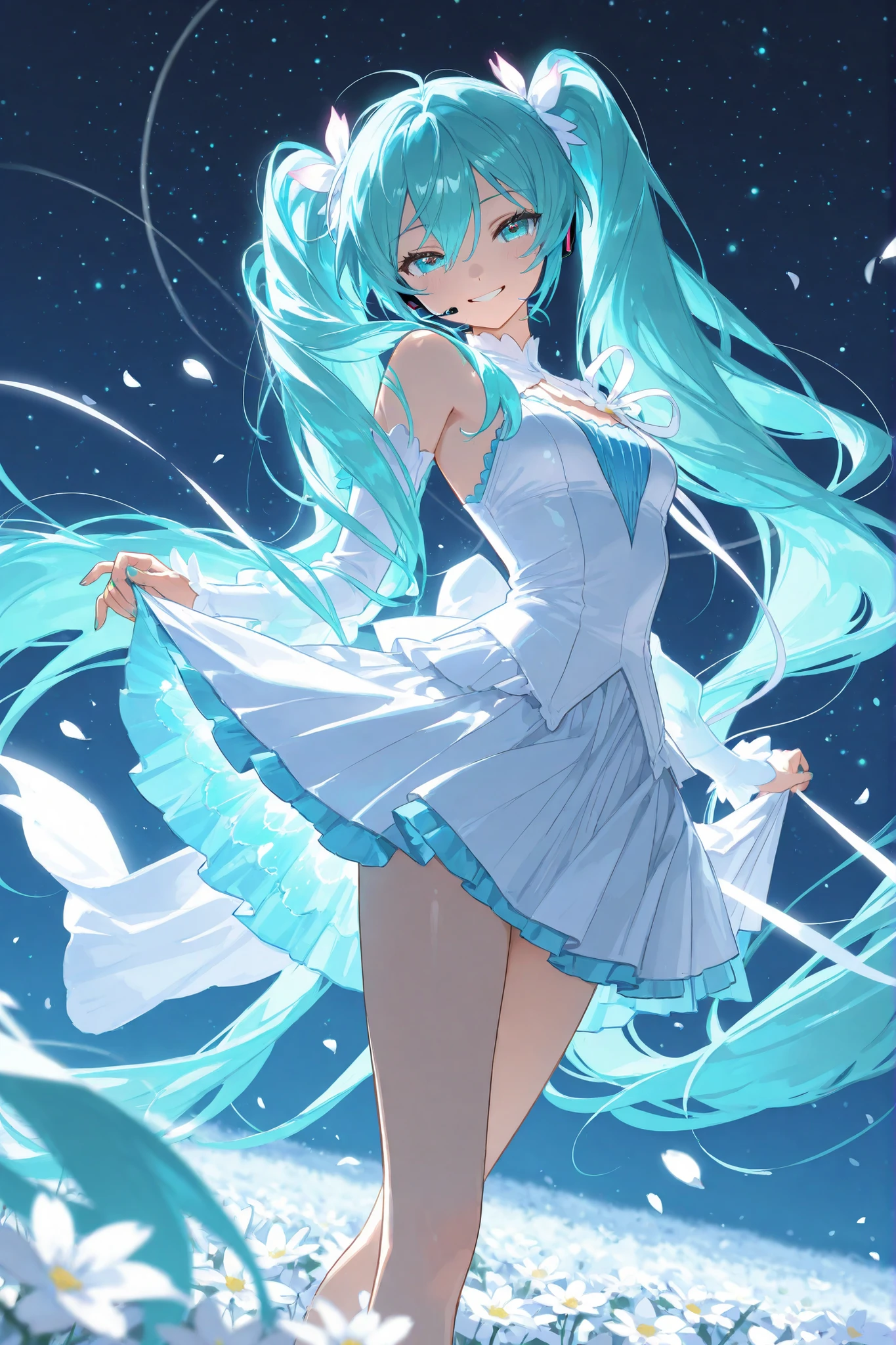 Hatsune Miku, ethereal and dreamy atmosphere, long flowing turquoise twin-tails with a gentle glow, wearing her iconic outfit with futuristic accents, joyfully singing into a microphone while dancing gracefully, standing in a field of glowing blue and white flowers under a star-filled night sky, soft moonlight illuminating her figure, gentle breeze flowing through her hair and skirt, glowing turquoise and blue particles and light orbs floating in the air, swirling ribbons of light wrapping around her, petals flying through the air as if lifted by the music, cinematic composition, ultra detailed, masterpiece, best quality, 8k resolution, sharp focus, soft lighting, depth of field, cool color palette with shades of turquoise, blue, and white, anime style, detailed hair strands, expressive joyful smile, magical and surreal ambience, dynamic motion blur on petals and light trails
