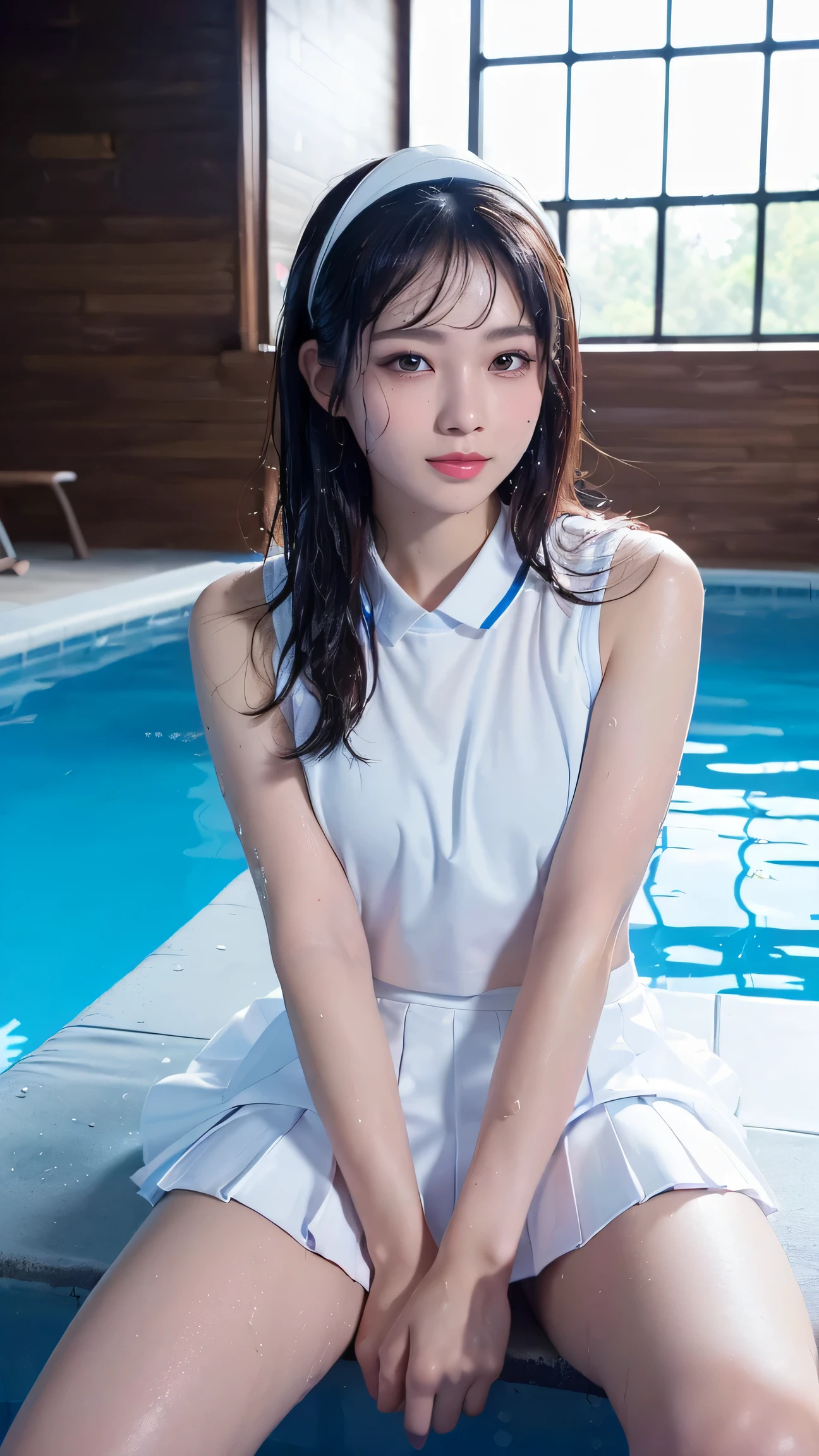 A 23-year-old woman in a T-shirt swims in the pool, comes out and sits by the pool with only her feet in the water., Soaking wet T-shirt, I'm wearing a wet T-shirt, Realistic photos , (A beautiful Japanese woman) , Long Hair, No makeup, No makeup, bashful, small breasts, String Bikini, Wearing only bikinis on the lower half of the body, A full-body horizontal photo, Face facing the viewer, Looking at the viewer with a shy smile, Canon EOS Clear Facial Features, 16K, High resolution, Sharp and realistic details, Exposure, interrupt, 超High resolution, High resolution, Highest quality