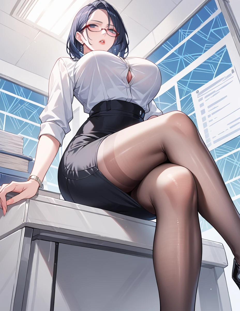pink hair, blue eyes, big lips, wearing pink lip gloss, long double ponytails hair, collared shirt, hourglass figure, (narrow waist), thick thighs, window, classroom, penthouse view, defined stomach, cubicle, light smirk, sitting, seductive pose, simple background, cleavage, leather skirt, teacher uniform, teacher, micro skirt, detailed face and eyes, foot up, mid stomp, high heels, midshot, hair ribbon, hair clips, tweed blazer, from below, stomping