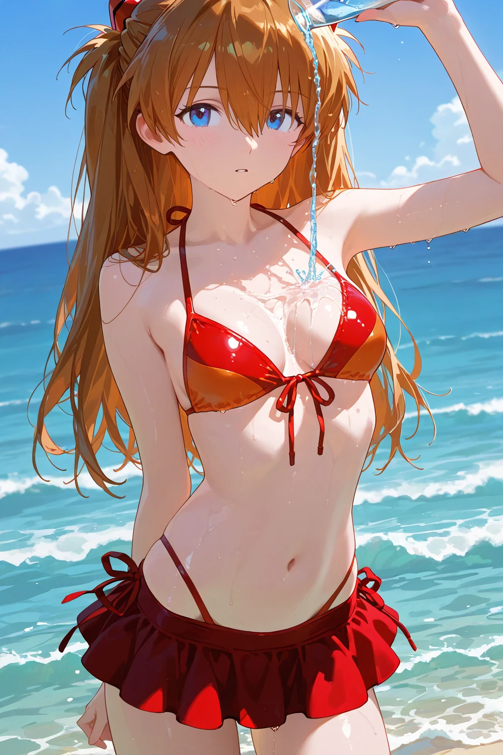 orange hair, fold, braid, long hair, orange eyes, 1girl,swimsuit, jacket, red_jacket, breasts, bikini, navel, ass_visible_through_thighs, looking_at_viewer, o-ring, sky, choker, thigh_gap, outdoors, solo, cloud, day, collarbone, multi-strapped_bikini, black_bikini, bare_shoulders, open_jacket, open_clothes, off_shoulder, cowboy_shot, black_choker, blue_sky, ocean, cleavage, skindentation, lips, medium_breasts, water, stomach, beach, track_jacket, glow effects, godrays, Hand drawn, render, 8k, octane render, cinema 4d, blender, dark, atmospheric 4k ultra detailed, cinematic, Sharp focus, big depth of field, Masterpiece, colors, 3d octane render, 4k, concept art, trending on artstation, hyperrealistic, Vivid colors, extremely detailed CG unity 8k wallpaper, trending on CGSociety, Intricate, High Detail, dramatic, steaming face, steaming,