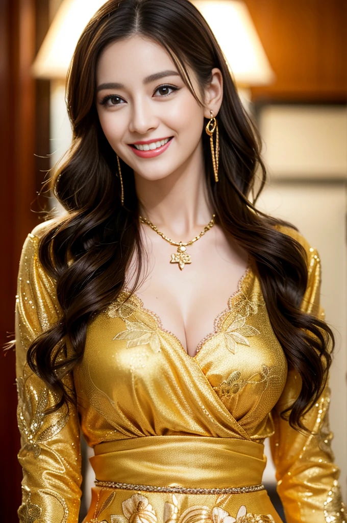 ulzzang -6500-v1.1, (Raw photo:1.2), (Photorealsitic), Beautiful detailed, (Real: 1.4), ighly detailedな目と顔, beatiful detailed eyes, Standing in the woods、(high-heels)、Standing cross-legged、huge filesize, hight resolution, ighly detailed, top-quality, [​masterpiece:1.6], illustratio, ighly detailed, nffsw, finely detail, top-quality, 8k wallpaper, Cinematographic lighting, 1 milf, 43 yeas old, perfect body type, Cute sagging eyes,Beautiful big eyes、Pieckfinger, ((masutepiece)), Best Quality, 1 milf, eye shadow, Portrait, ((FULL BODYSHOT:1.4))、(Very affectionate smile:1.2)、((Brown-colored super long hair:1.2))((Loose and wavy hair:1.3))((Floral blouse、Blouse with ribbon、Flashy orange and white printed dress, :1.2))((Gold Necklace＿large earring:1.3))((((full figure supermodel standing, entire body in frame))))
