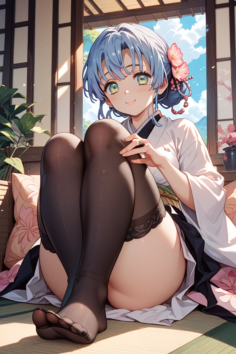 Arona,1girl,solo,shoes,white footwear,braid,blue shirt,serafuku,long sleeves,white sailor collar,hairband,white choker,bangs,smile,single braid,bow hairband,cityscape,sitting on rock,cherry blossom forest,falling petals,, (masterpiece), (best quality), HDR, intricate detail,(no_pants,underwear,panties,blue_striped_panties)