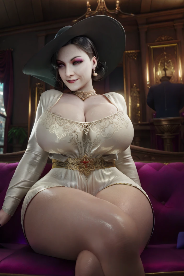 <lora:ladytremaine-10CD-v8:0.8> tremaine, (insanely detailed, detailed face, masterpiece, beautiful detailed eyes, best quality), green eyes, grey hair, large hair, eyeshadow, streaked hair, mature elderly female, (flushed and red-faced), body dripping with sweat, green gem, choker, (small earrings), frills, erotic lingerie, (lace corset), stockings, very hairy vagina, high heels, dark seductive lighting, exhausted, (evil grin), erotic afterglow, (massive slightly sagging naked breasts:1.2), sitting on a large plush expensive bed, legs spread wide apart, in a castle, stone and marble walls, golden fixtures, mounted on a massive black dildo