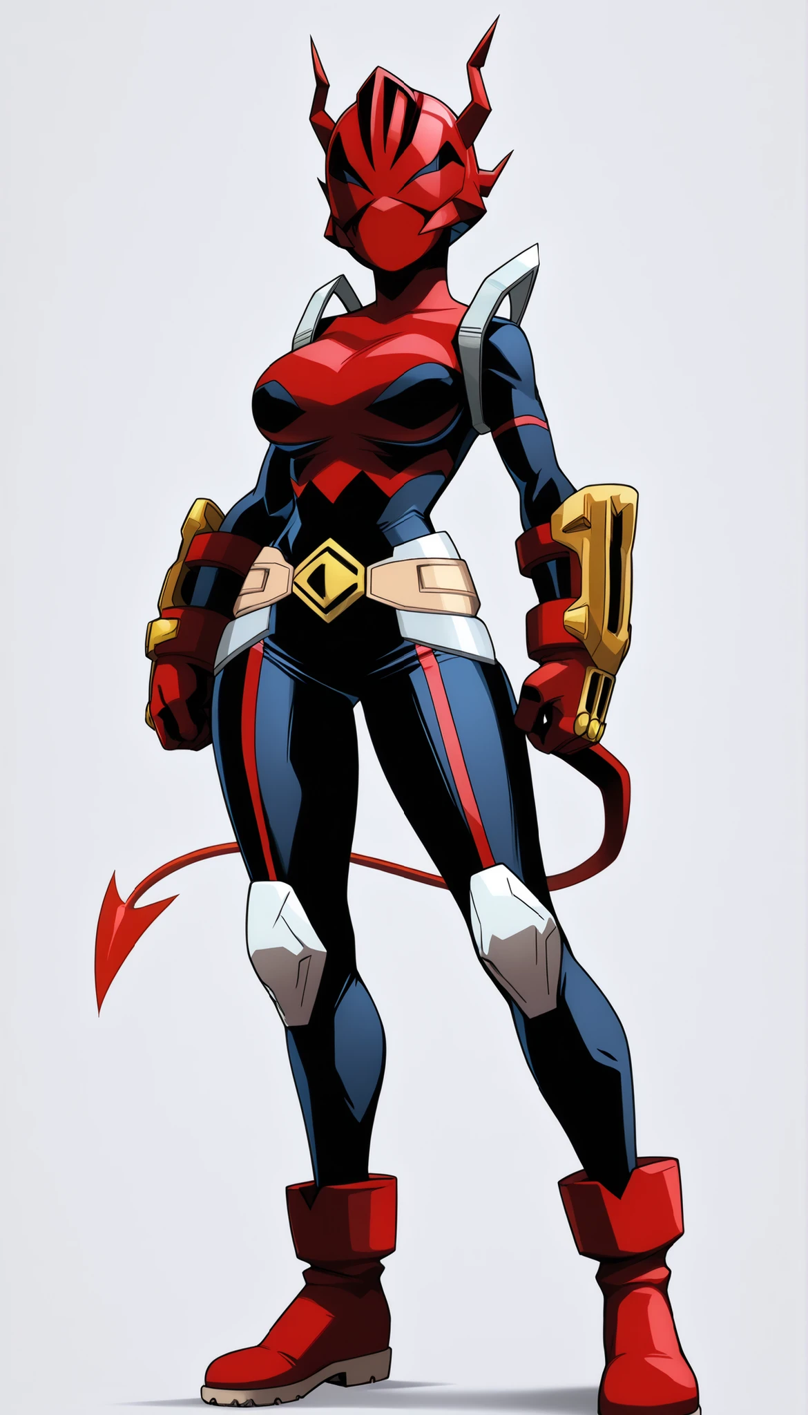 ((Highest Quality)), ((Simple light Grey background)), (My hero academia style), Superheroine, Tokusatsu heroine, masked heroine, masked super heroine, Tokusatsu super heroine, full body, 1girl, Solo, Large breasts, thighs, hips, thick Shin, standing, Superhero bodysuit, (fullbody bodysuit), two-toned bodysuit, Red and Black bodysuit, Red bodysuit with Black Details, metal Shin armor Guards, Metal Bracers Armor Guards, Metal Shoulders Armor Guards, Long Red Demon Tail, Red Demon Tail, Long Demon Tail, Demon Tail, Red helmet Headwear with small Demon horns, Red Demon helmet Headwear, Red helmet Headwear with small Demon horns, red helmet Headwear, Demon helmet Headwear, helmet Headwear with Demon horns, small Demon horns, (Helmet headwear with Red Demon design), Red combat gloves, combat gloves, Red Ankle Boots, Ankle Boots, boots, athletic body, slim body, ((Hidden Face)), (Hidden Mouth), (Hidden Eyes),