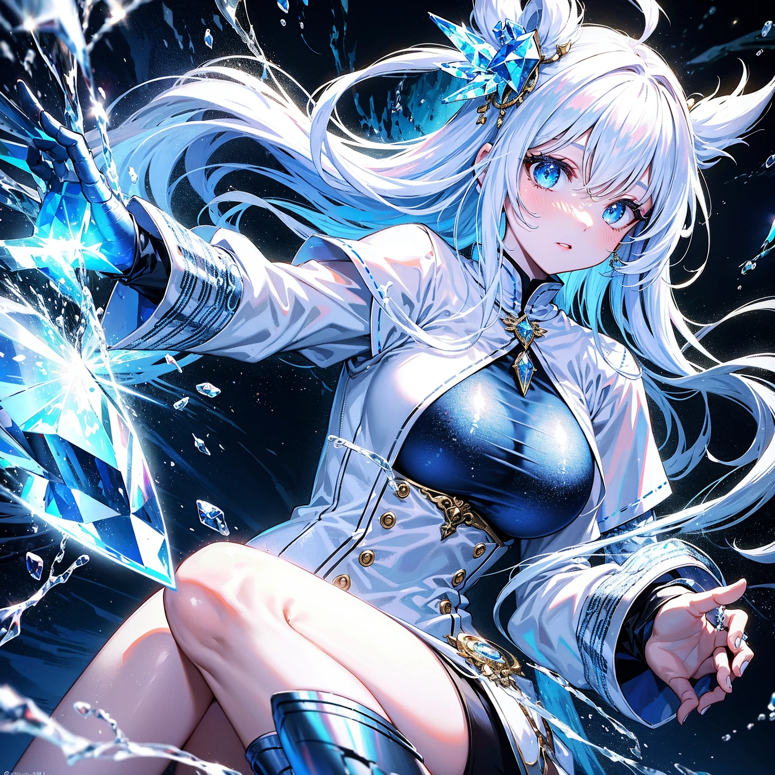 Half body, headshot. Step into a captivating scene featuring one young lady with very long white hair braided and blue eyes, as vibrant ice particles ignite the air around her, creating a dazzling and dynamic atmosphere. Crafted with exquisite detail crystal ice dress and rendered in breathtaking 10k high resolution, The creative lighting style bathes her in a radiant, icy glow, harmonizing with the swirling ice particles. this masterpiece blends the art mediums of digital illustration, crystal effects, particle simulation, and post-processing techniques. Drawing inspiration from the styles of Anime, Mystical Realism, and Contemporary Surrealism