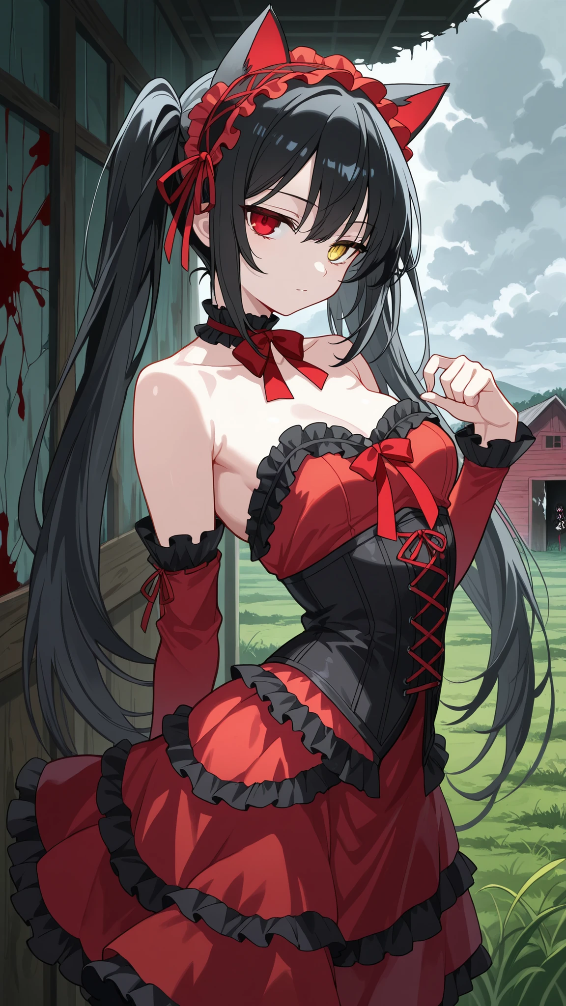 BREAK (masterpiece:1.2), best quality, high resolution, unity 8k wallpaper, (illustration:0.8), overgrown field under storm clouds, old barn with blood splattered on broken doors,faint mist crawling over the grass, eerie silence, ultra detailed horror scene, no peoplekurumi tokisaki astral dress, long hair, black hair, red eyes, twintails, yellow eyes, hairband, heterochromia, dress, red dress, bare shoulders, collarbone, choker, bowtie, red bowtie, detached sleeves, corset, frills,floating skirt,looking at viewer,cowboy shot,wide-angel,seductive pose,cat ears,arched back,