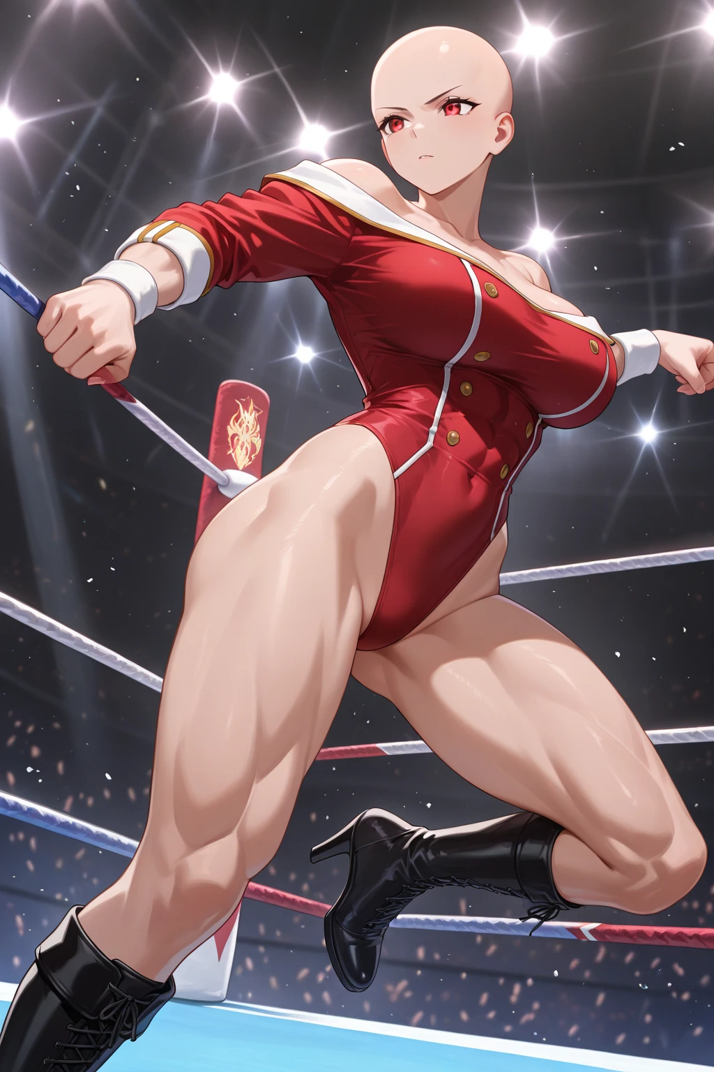 masterpiece, best quality, xmasManuela, christmas, ribbon, red collar, fake antlers, fake animal ears, cape, fur trim, red leotard, brown gloves, fishnets, boots, snow, view,Juno,bikini,((Tight leotard)), ((sexy pose)), ((Wrestling ring)), seiza, looking at viewer, large breasts, smile